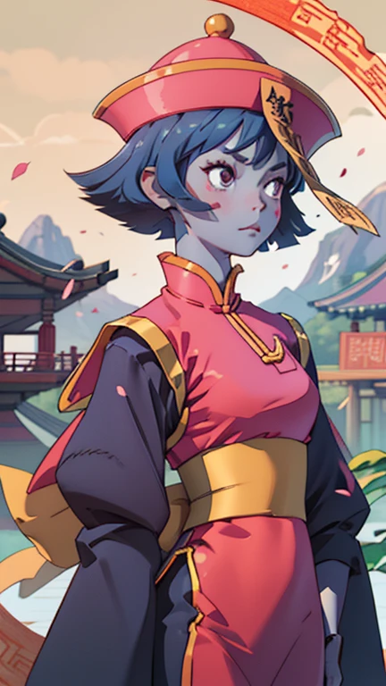 Have,  (bill:1.1), pants,Long sleeve,  Clevis cutout, Clothing cutouts, Jiangshi, Qing Guan Mao,  Alone, Chinese clothing, Blue Skin, short hair,  Clevis, , bill, , Blue Hair, dress, Black Eyes, pink,  hat,  pink dress, , Long sleeve,  Metal Claw, sharp, 
Outdoor,( Illustration:1.4) 
small,  concentrated,  Watching the audience[(
Impactful, 
Scattering petals, flowering , 
National Peak, Chinese style, 
Chinese Village ,
(masterpiece), (Best Quality:1.2), Absurd, 
Isabel Moner - smf, Anki Moore, ):8]
 