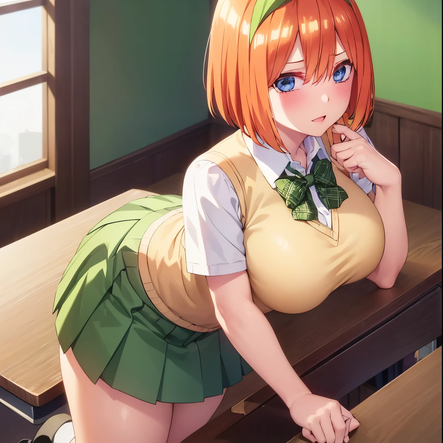 ((1girl)),((alone)), yotsuba nakano, \(gotoubun no hanayome\),(masterpiece), (best quality), (ultra detailed), (best illustration), (best shadow), (absurdities ), sharp focus, cowboy shot, atmospheric perspective, depth of field, dynamic posture, ((looking at viewer)), large breasts, narrow waist, wide hips, medium thighs, round butt, erotic, romantic, (highly detailed eyes, lips 1.1), highly detailed eyes, eyes, Highly detailed face, Very beautiful face, Symmetrical face, Aesthetic face, perfect face, perfect eyes, detailed eyelashes: 1.5), full height, beautiful figure thin, femininity, expressive appearance, elastic big breasts, sexuality, half-open lips, alone, bangs, short hair, blue eyes, hair between the eyes, hair ribbon, headband, orange hair, green ribbon, skirt, shirt, bow, ribbon, school uniform, white shirt, short sleeves, pleated skirt, shoes, socks, collared shirt, miniskirt, bow tie, black shoes, knee-high stockings, green skirt , black socks, loafers, green bow, sweater vest, yellow sweater vest, green ribbon, curves, defined body, perfect and beautiful body, perfect and beautiful, hot look, closed mouth, ((expression excited)), blushing, (sexy pose: 1.2), standing :1.3,((solo)),((, inside classroom, desks, desk, window, blackboard, ,clear, sunny sky, sunset)), Looking forward ,((focus on breasts:1.4)), point of view:(from above), perfect anatomy, perfect hands