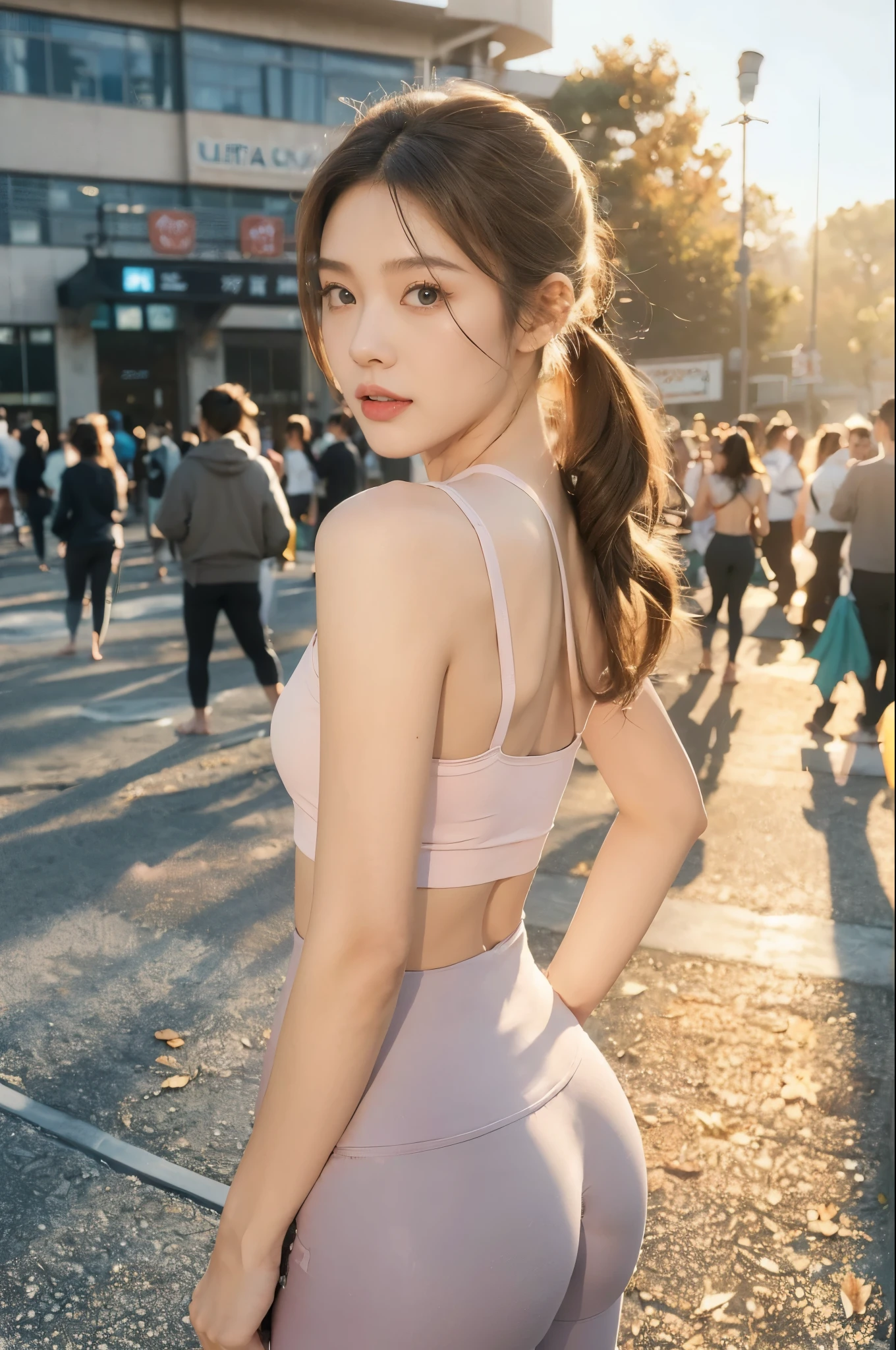 ((((8k))),((Extremely meticulous CG)) ,(wallpaper),16k,((Extremely refined and beautiful)),(((Masterpiece))),(((best qualtiy))),(((Ultra High Resolution))),beautiful light up,realistic shaded,(Smooth and flawless fair skin:1.5),(pale skin:1.3),(Extremely exquisite facial details:1.2),(perfect body:1.2),(ultra-detailed:1.5),((A beautiful girl,solo)),(small head:1.2),(short ponytail:1.3),(slender face:1.3),(Exquisite makeup:1.2),(blush:1.5),(sweat:1.5),((slim,thin)),(laughing:1.2),(tank top:1.5),(bare back:1.3),(towering hips:1.3),(sports shorts:1.3),(day scene:1.5),(cloudy:1.3),(oudoor:1.3),(In residential area:1.3),(On the path of the garden full of colorful flowers:1.3),(High rise residential buildings:1.3),(cyberpunk style:1.3),(detailed background:1.5),(standing:1.3),(walking:1.3),(butt crack:1.3),(upper body:1.3),(from front:1.3),(early summer:1.3)