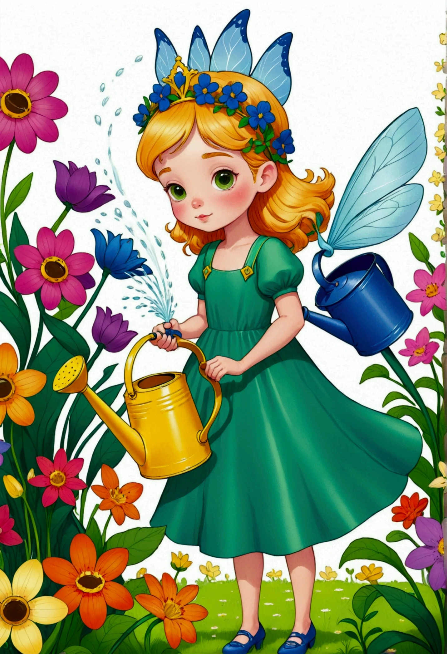 Cartoon girl watering flowers with a watering can, Colorfull illustration, Color illustrations, Colorful book illustration, Full color illustrations, coronation of Flower Prince, Coloring Pages, Drawn in a whimsical style, Color illustrations, Coloring Pages, Flower Prince, Coloring book pages, Official illustrations, Full Color Illustration, illustration, Full-color digital illustrations, Cute fairy tale illustration