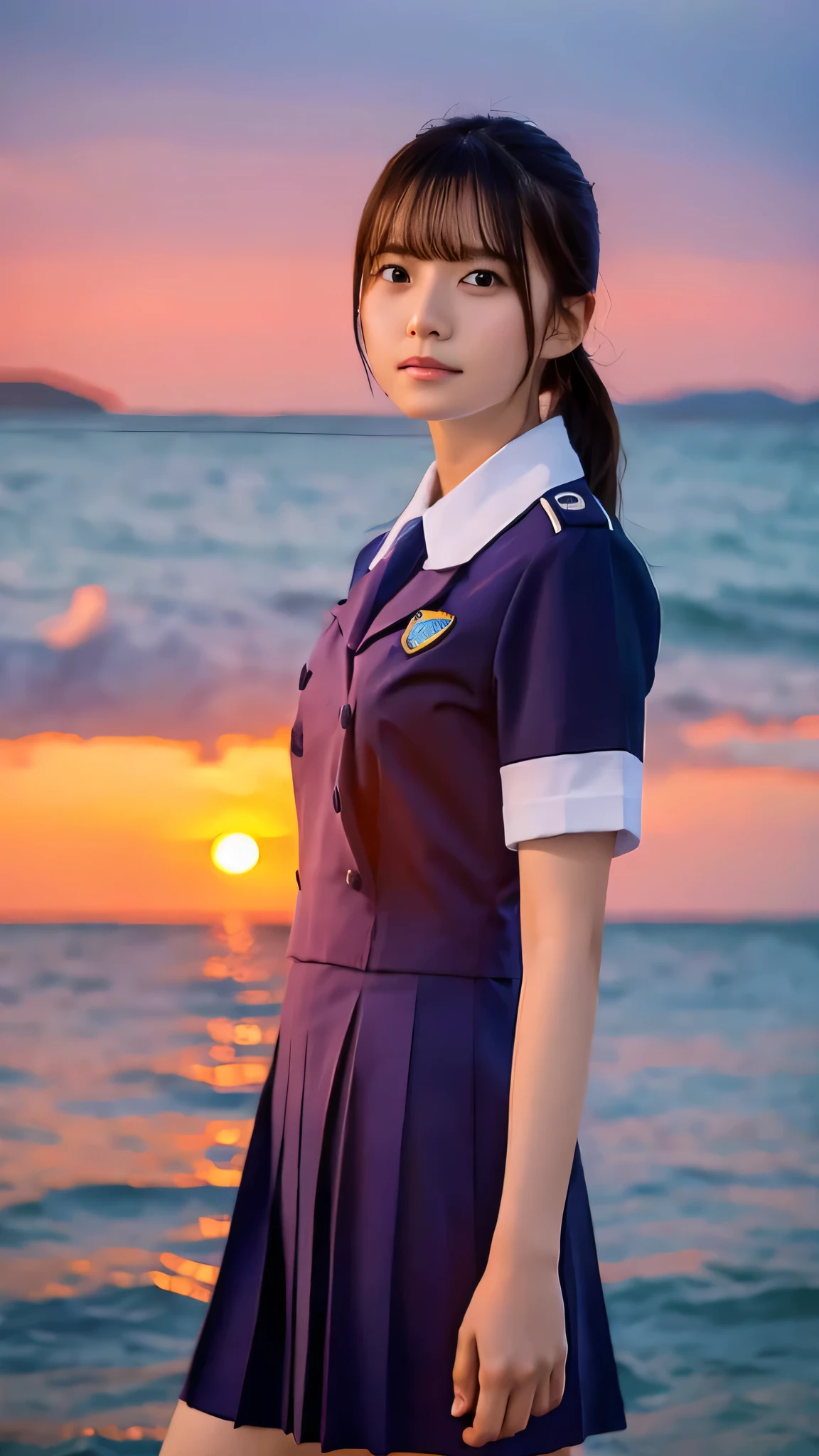 Arafed asian woman in uniform standing on beach at sunset - SeaArt AI