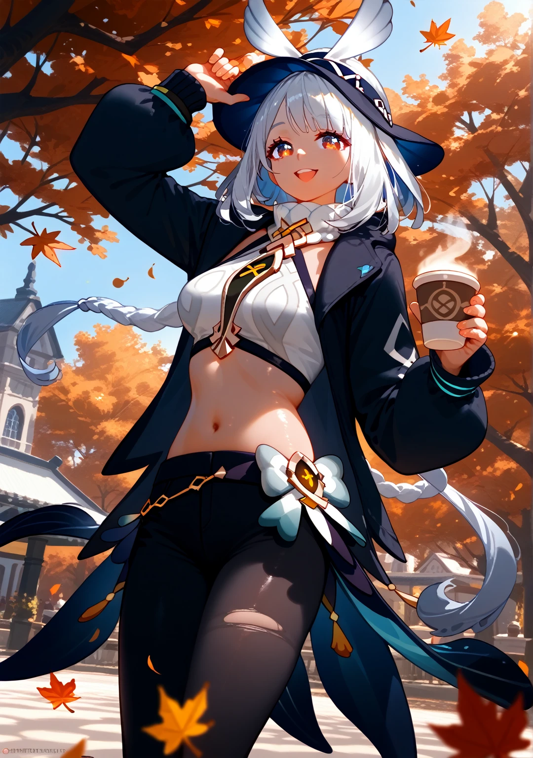 Highest quality, Highest quality, High quality illustrations, masterpiece, Ultra-high resolution, Detailed Background, Absurd, Perfect Anatomy, performance, Good lighting, Shadows in the movies, 1 girl, solo, mualani_\(genshin_impact\), alternate costume, medium breasts, standing in a park, fall season, beautiful autumn leaves, standing, scarf, open jacket, denim pants, black pants, torn pants, admiring the trees holding a coffee, happy, bewitching thighs, gleaming, shiny skin, shiny, two beautiful legs