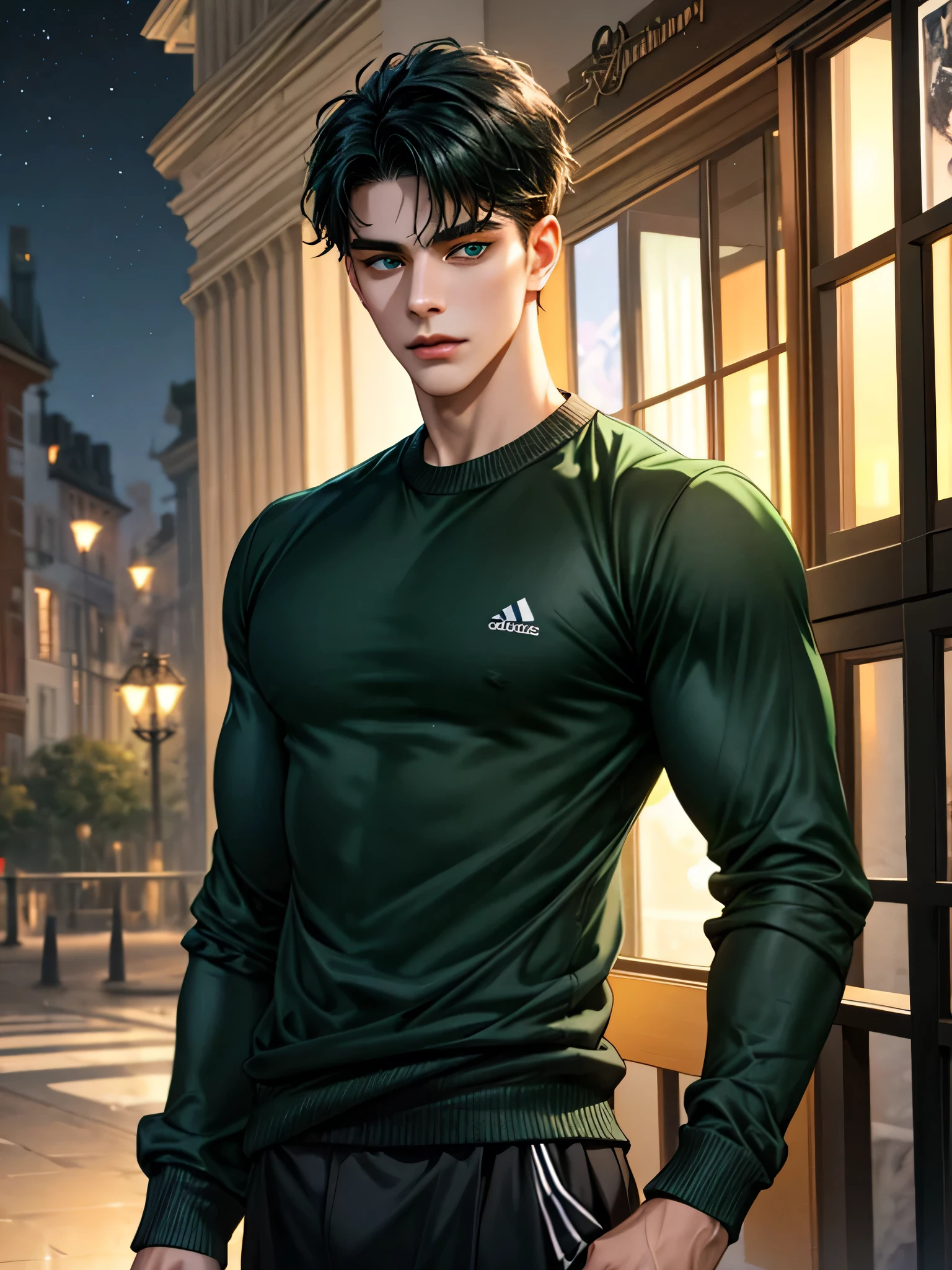 handsome young man, in an autumn night atmosphere, black hair, short hair, blue eyes, ombros largos, masterpiece, Absurd, Beautiful and detailed face, looking at the viewer, with a dark green long sleeve adidas sweater, dark green wide pants