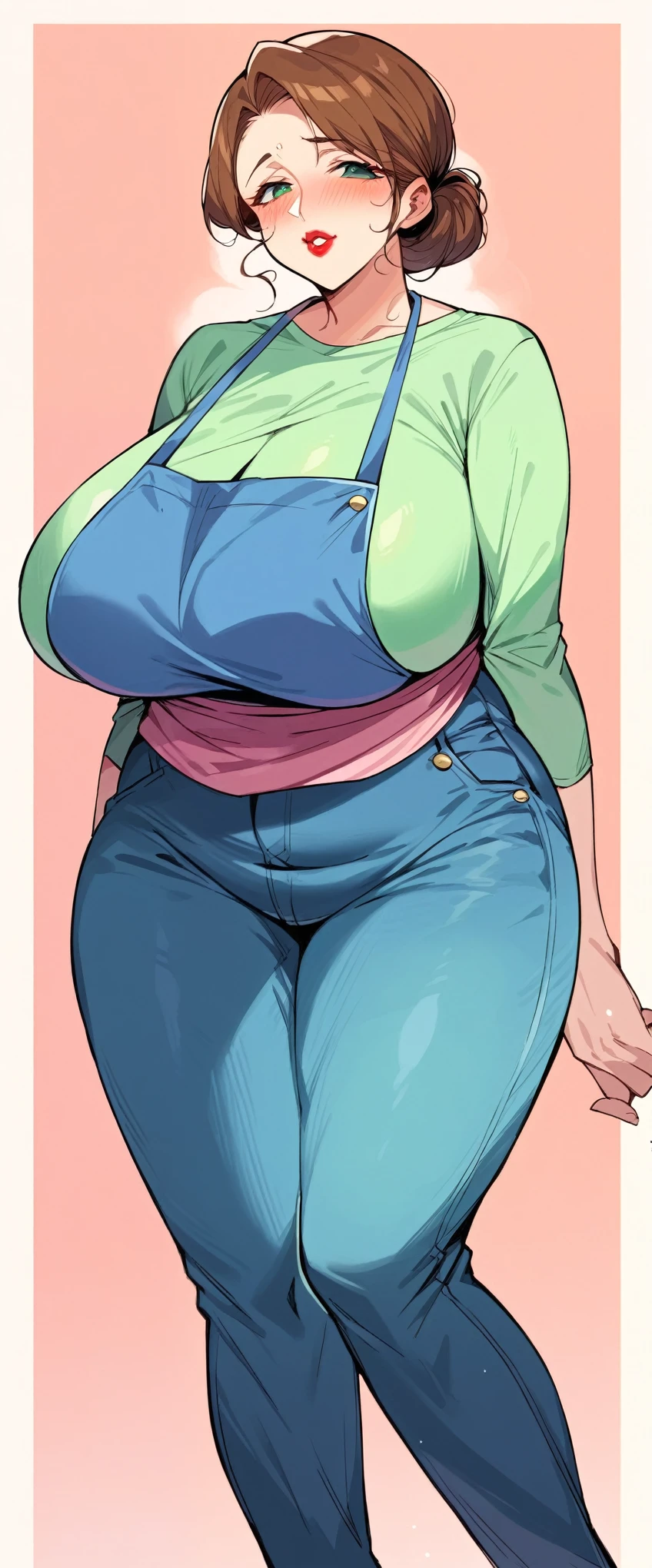 Torino kazami, color anime, Turin weather vane, (huge breasts), wide hips, thick thighs, Plump, beautiful woman, brown hair, collected, lipstick, Puppet, Light green shirt, Pink apron, Blue jeans, cowboy shot, blush, big and voluptuous body, showing his whole body in full background, very well detailed, best quality, Milf