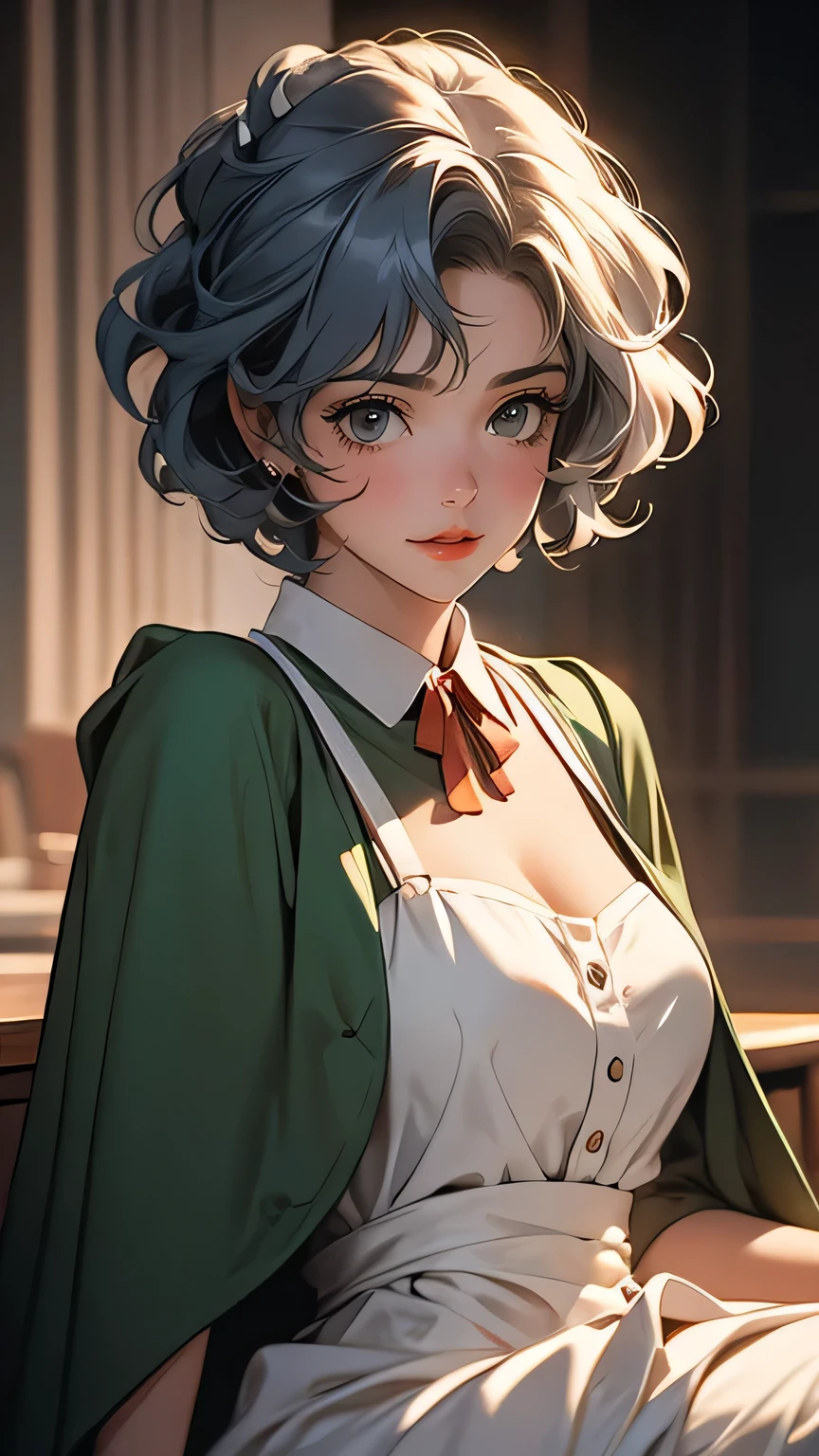 ((Masterpiece)), envision a 8k, highres, cinematic, extremely beautiful semi realistic full body pinup of a beautiful mature lady with a soft face, slender body, ((Short curly blue gray hair)),maid outfit , brown boots, green cloak, blush, smile, flustered, side locks, long bangs, round face, long sweeping bangs, blue eyes, soft lips, lip gloss, thick eyebrows, round face, ((((1girl)))), in dark lighting, against a dark gray background