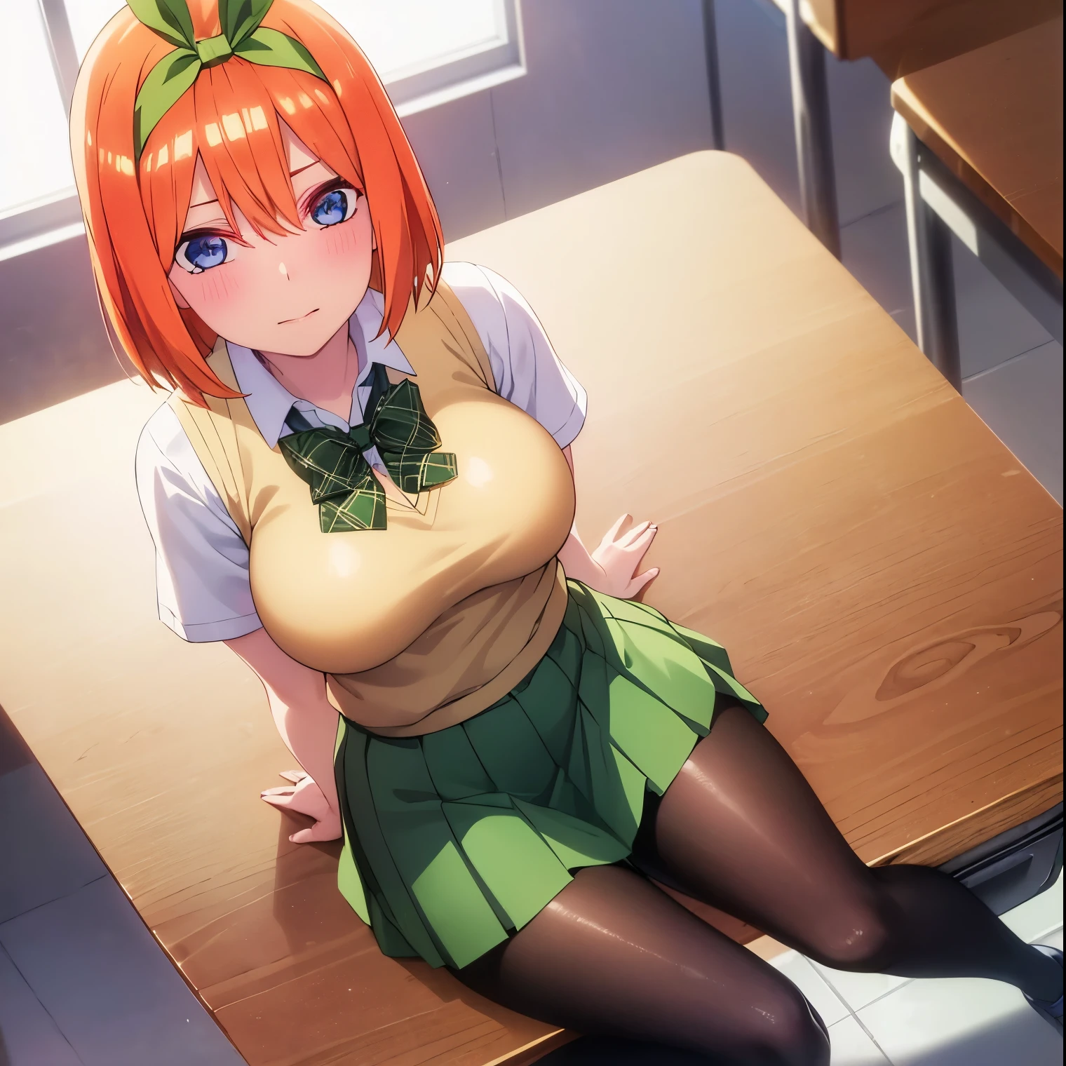 ((1girl)),((alone)), yotsuba nakano, \(gotoubun no hanayome\),(masterpiece), (best quality), (ultra detailed), (best illustration), (best shadow), (absurdities ), sharp focus, cowboy shot, atmospheric perspective, depth of field, dynamic posture, ((looking at viewer)), large breasts, narrow waist, wide hips, medium thighs, round butt, erotic, romantic, (highly detailed eyes, lips 1.1), highly detailed eyes, eyes, Highly detailed face, Very beautiful face, Symmetrical face, Aesthetic face, perfect face, perfect eyes, detailed eyelashes: 1.5), full height, beautiful figure thin, femininity, expressive appearance, elastic big breasts, sexuality, half-open lips, alone, bangs, short hair, blue eyes, hair between the eyes, hair ribbon, headband, orange hair, green ribbon, skirt, shirt, bow, ribbon, school uniform, white shirt, short sleeves, pleated skirt, shoes, socks, collared shirt, miniskirt, bow tie, black shoes, knee-high stockings, green skirt , black socks, loafers, green bow, sweater vest, yellow sweater vest, green ribbon, curves, defined body, perfect and beautiful body, perfect and beautiful, hot look, closed mouth, ((expression excited)), blushing, (sexy pose: 1.2), standing :1.3,((solo)),((, inside classroom, desks, desk, window, blackboard, ,clear, sunny sky, sunset)), Looking forward ,((focus on breasts:1.4)), point of view:(from above), perfect anatomy, perfect hands