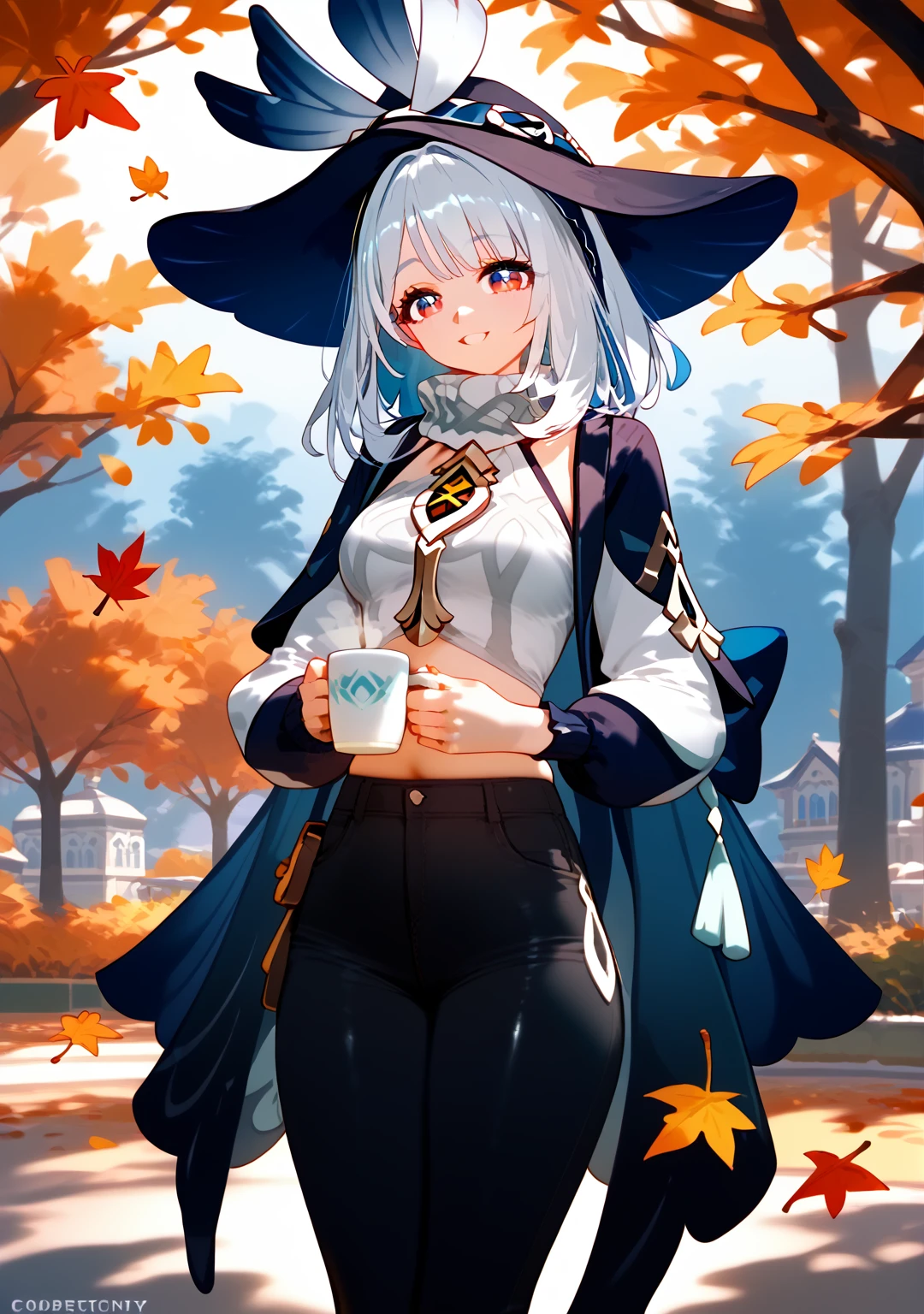 Highest quality, Highest quality, High quality illustrations, masterpiece, Ultra-high resolution, Detailed Background, Absurd, Perfect Anatomy, performance, Good lighting, Shadows in the movies, 1 girl, solo, mualani_\(genshin_impact\), alternate costume, medium breasts, standing in a park, fall season, beautiful autumn leaves, standing, scarf, open jacket, denim pants, black pants, torn pants, admiring the trees holding a coffee, happy, bewitching thighs, gleaming, shiny skin, shiny, two beautiful legs