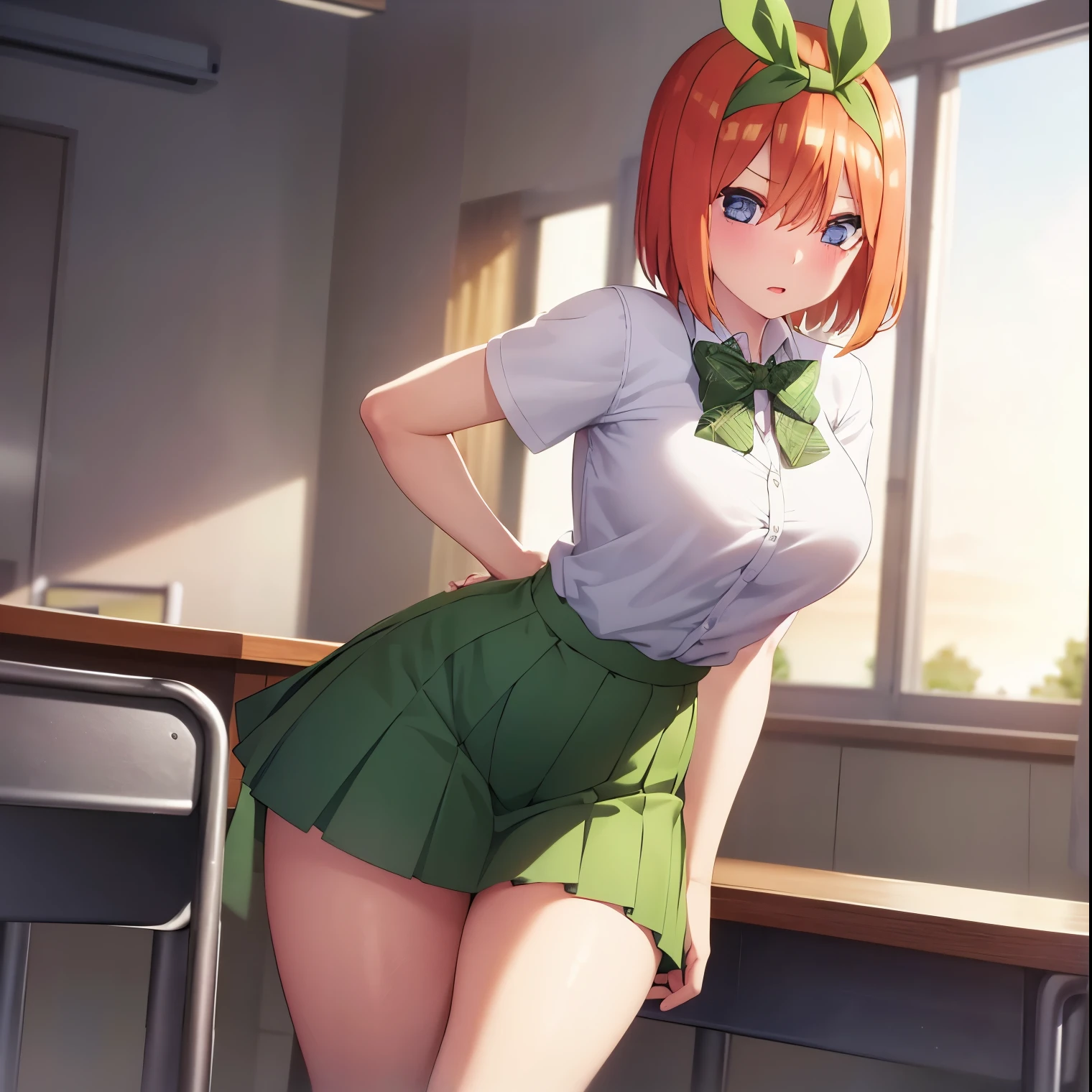 ((1girl)),((alone)), yotsuba nakano, \(gotoubun no hanayome\),(masterpiece), (best quality), (ultra detailed), (best illustration), (best shadow), (absurdities ), sharp focus, cowboy shot, atmospheric perspective, depth of field, dynamic posture, ((looking at viewer)), large breasts, narrow waist, wide hips, medium thighs, round butt, erotic, romantic, (highly detailed eyes, lips 1.1), highly detailed eyes, eyes, Highly detailed face, Very beautiful face, Symmetrical face, Aesthetic face, perfect face, perfect eyes, detailed eyelashes: 1.5), full height, beautiful figure thin, femininity, expressive appearance, elastic big breasts, sexuality, half-open lips, alone, bangs, short hair, blue eyes, hair between the eyes, hair ribbon, headband, orange hair, green ribbon, skirt, shirt, bow, ribbon, school uniform, white shirt, short sleeves, pleated skirt, shoes, socks, collared shirt, miniskirt, bow tie, black shoes, knee-high stockings, green skirt , black socks, loafers, green bow, sweater vest, yellow sweater vest, green ribbon, curves, defined body, perfect and beautiful body, perfect and beautiful, hot look, closed mouth, ((expression excited)), blushing, (sexy pose: 1.2), standing :1.3,((solo)),((, inside classroom, desks, desk, window, blackboard, ,clear, sunny sky, sunset)), Looking forward ,((focus on hips:1.4)), point of view:(from Middle), perfect anatomy, perfect hands