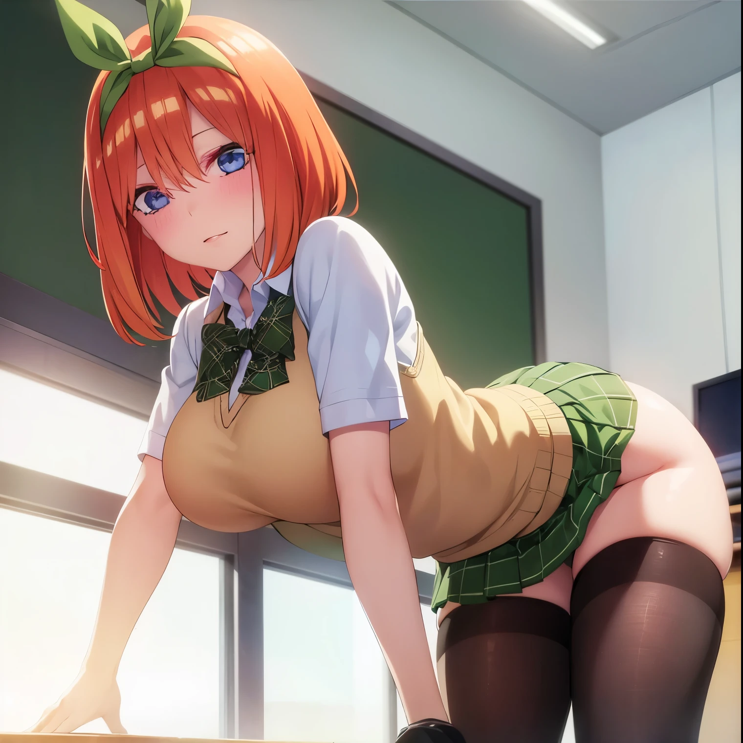 ((1girl)),((alone)), yotsuba nakano, \(gotoubun no hanayome\),(masterpiece), (best quality), (ultra detailed), (best illustration), (best shadow), (absurdities ), sharp focus, cowboy shot, atmospheric perspective, depth of field, dynamic posture, ((looking at viewer)), large breasts, narrow waist, wide hips, medium thighs, round butt, erotic, romantic, (highly detailed eyes, lips 1.1), highly detailed eyes, eyes, Highly detailed face, Very beautiful face, Symmetrical face, Aesthetic face, perfect face, perfect eyes, detailed eyelashes: 1.5), full height, beautiful figure thin, femininity, expressive appearance, elastic big breasts, sexuality, half-open lips, alone, bangs, short hair, blue eyes, hair between the eyes, hair ribbon, headband, orange hair, green ribbon, skirt, shirt, bow, ribbon, school uniform, white shirt, short sleeves, pleated skirt, shoes, socks, collared shirt, miniskirt, bow tie, black shoes, knee-high stockings, green skirt , black socks, loafers, green bow, sweater vest, yellow sweater vest, green ribbon, curves, defined body, perfect and beautiful body, perfect and beautiful, hot look, closed mouth, ((expression excited)), blushing, (sexy pose: 1.2), standing :1.3,((solo)),((, inside classroom, desks, desk, window, blackboard, ,clear sky, sunny, sunset)), Looking forward,((focus on panties:1.4)), point of view:(from below), perfect anatomy, perfect hands