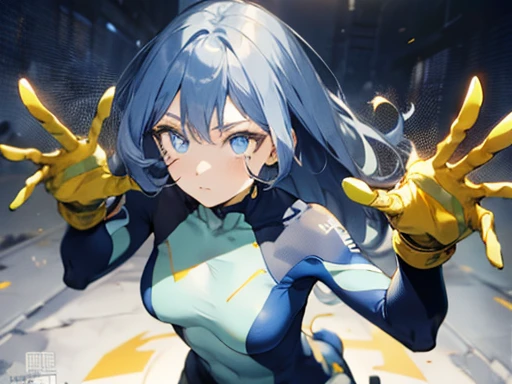 Nejirehadu, Nejire Wave, blue eyes, blue hair, long hair,
壊す blue body suit, body suit, drill hair, gloves, green body suit, multicolored body suit, colorful clothes, yellow gloves,
((壊す full body)),squat，spread your legs，arms up behind，
break white background，Break from below，looking down，lower your gaze，
breaking dynamic shot，kung fu pose，highest quality, High resolution, unity 8k wallpaper, (shape:0.8), (beautiful and detailed eyes:1.6), highly detailed face, perfect sentence, Detailed CG, (perfect hands, perfect anatomy),