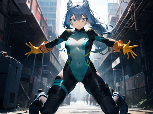 Nejirehadu, Nejire Wave, blue eyes, blue hair, long hair,
壊す blue body suit, body suit, drill hair, gloves, green body suit, multicolored body suit, colorful clothes, yellow gloves,
((壊す full body)),squat，spread your legs，arms up behind，
break white background，Break from below，looking down，lower your gaze，
breaking dynamic shot，kung fu pose，highest quality, High resolution, unity 8k wallpaper, (shape:0.8), (beautiful and detailed eyes:1.6), highly detailed face, perfect sentence, Detailed CG, (perfect hands, perfect anatomy),