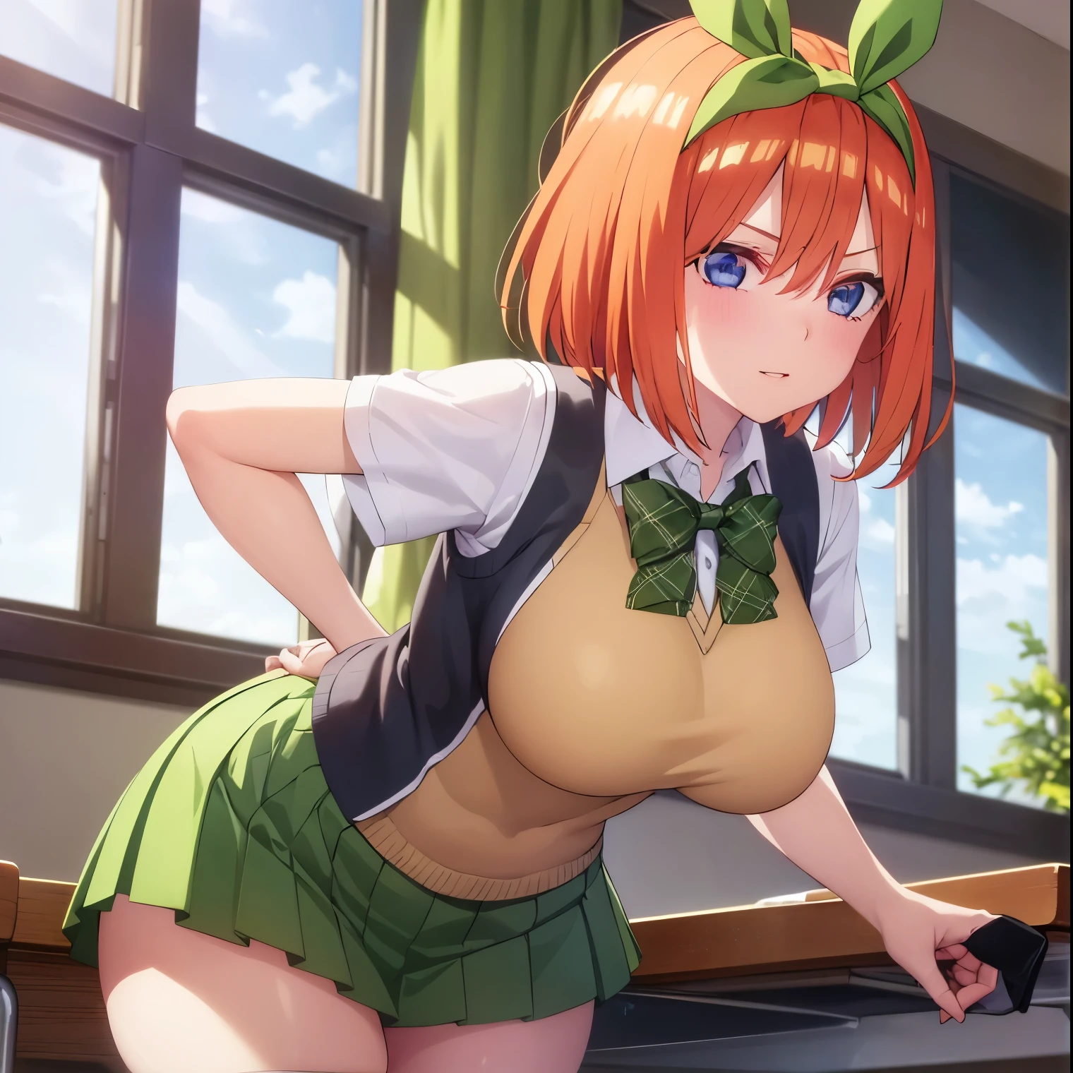 ((1girl)),((alone)), yotsuba nakano, \(gotoubun no hanayome\),(masterpiece), (best quality), (ultra detailed), (best illustration), (best shadow), (absurdities ), sharp focus, cowboy shot, atmospheric perspective, depth of field, dynamic posture, ((looking at viewer)), large breasts, narrow waist, wide hips, medium thighs, round butt, erotic, romantic, (highly detailed eyes, lips 1.1), highly detailed eyes, eyes, Highly detailed face, Very beautiful face, Symmetrical face, Aesthetic face, perfect face, perfect eyes, detailed eyelashes: 1.5), full height, beautiful figure thin, femininity, expressive appearance, elastic big breasts, sexuality, half-open lips, alone, bangs, short hair, blue eyes, hair between the eyes, hair ribbon, headband, orange hair, green ribbon, skirt, shirt, bow, ribbon, school uniform, white shirt, short sleeves, pleated skirt, shoes, socks, collared shirt, miniskirt, bow tie, black shoes, knee-high stockings, green skirt , black socks, loafers, green bow, sweater vest, yellow sweater vest, green ribbon, curves, defined body, perfect and beautiful body, perfect and beautiful, happy look, closed mouth, ((expression cheerful)), blushing, (sexy pose: 1.2), standing :1.3,((solo)),((, inside classroom, desks, desk, window, blackboard, ,clear, sunny sky, sunset)), Looking forward ,((focus on hips:1.4)), point of view:(from Middle), perfect anatomy, perfect hands