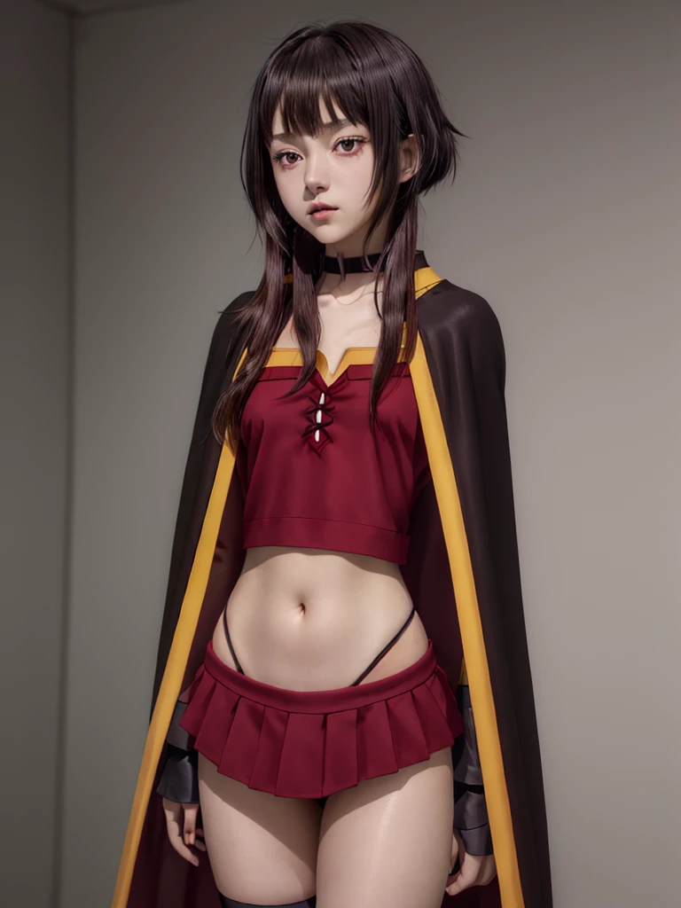 best qualityer, work of art, high resolution, standing alone, {Megumin_Kophisuba:1.15}, Petite_body hair, maroon_body hair, rot_eyeballs, Petite_body hair_featuring_far away_locks, hphi, witch_hphi, cape, blackw_body hair, high_gura, 1 girl, collared, choker, don, sidelocks, blackw_cape, anime_Coloring, upper_cos, bangss, collaredbone, gazing_phi_viewer, armpits