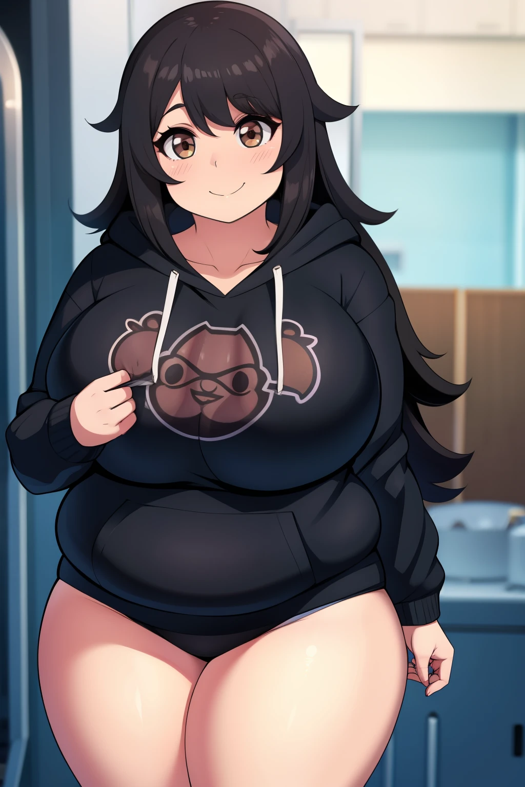 Chubby 2 big boobs black hair brown eyes happy long messy hair smile blushing deredere black hoodie underwear 