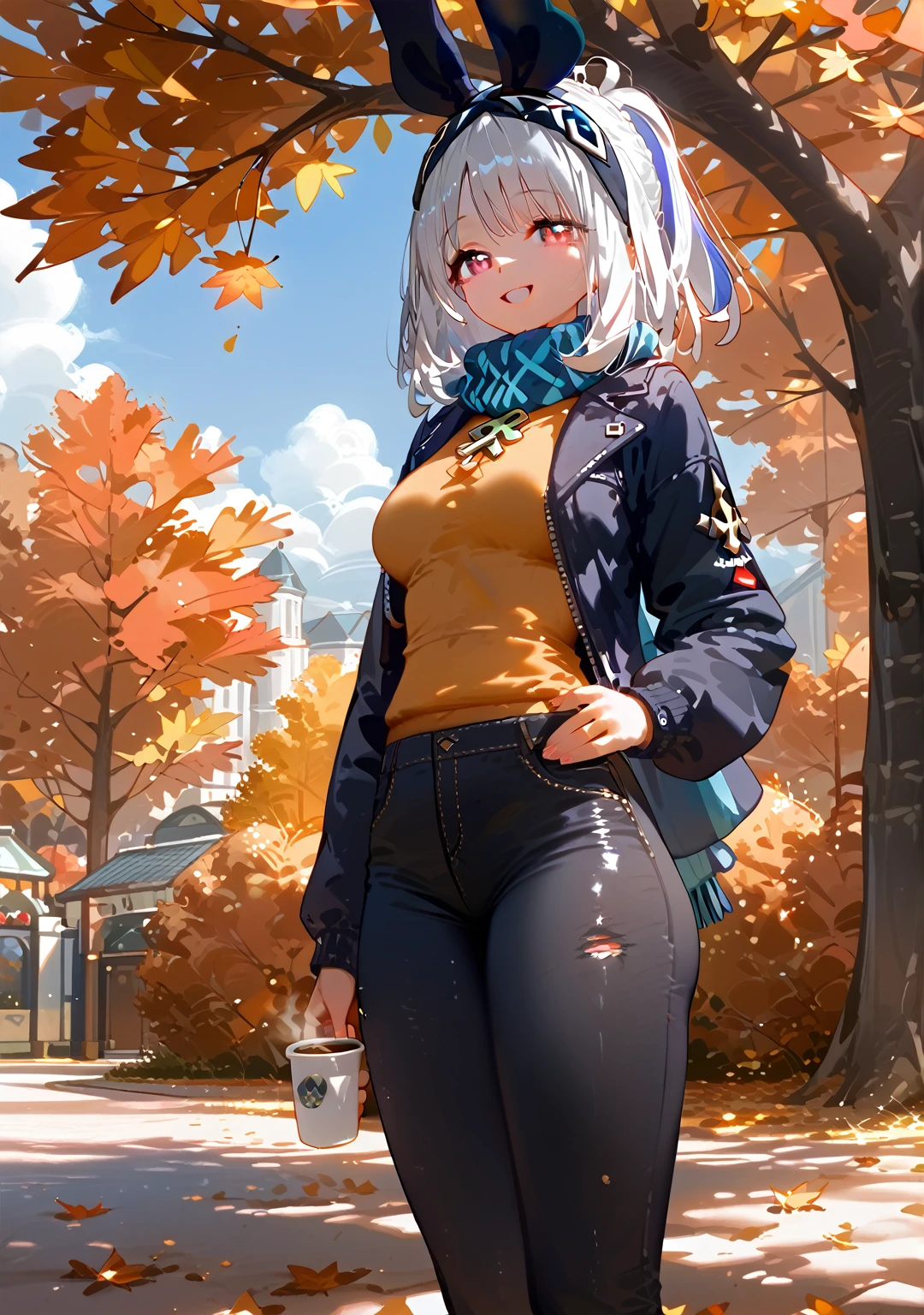 Highest quality, Highest quality, High quality illustrations, masterpiece, Ultra-high resolution, Detailed Background, Absurd, Perfect Anatomy, performance, Good lighting, Shadows in the movies, 1 girl, solo, mualani_\(genshin_impact\), alternate costume, medium breasts, standing in a park, fall season, beautiful autumn leaves, standing, scarf, open jacket, denim pants, black pants, torn pants, admiring the trees holding a coffee, happy, bewitching thighs, gleaming, shiny, shiny skin, shiny outfit, two beautiful legs