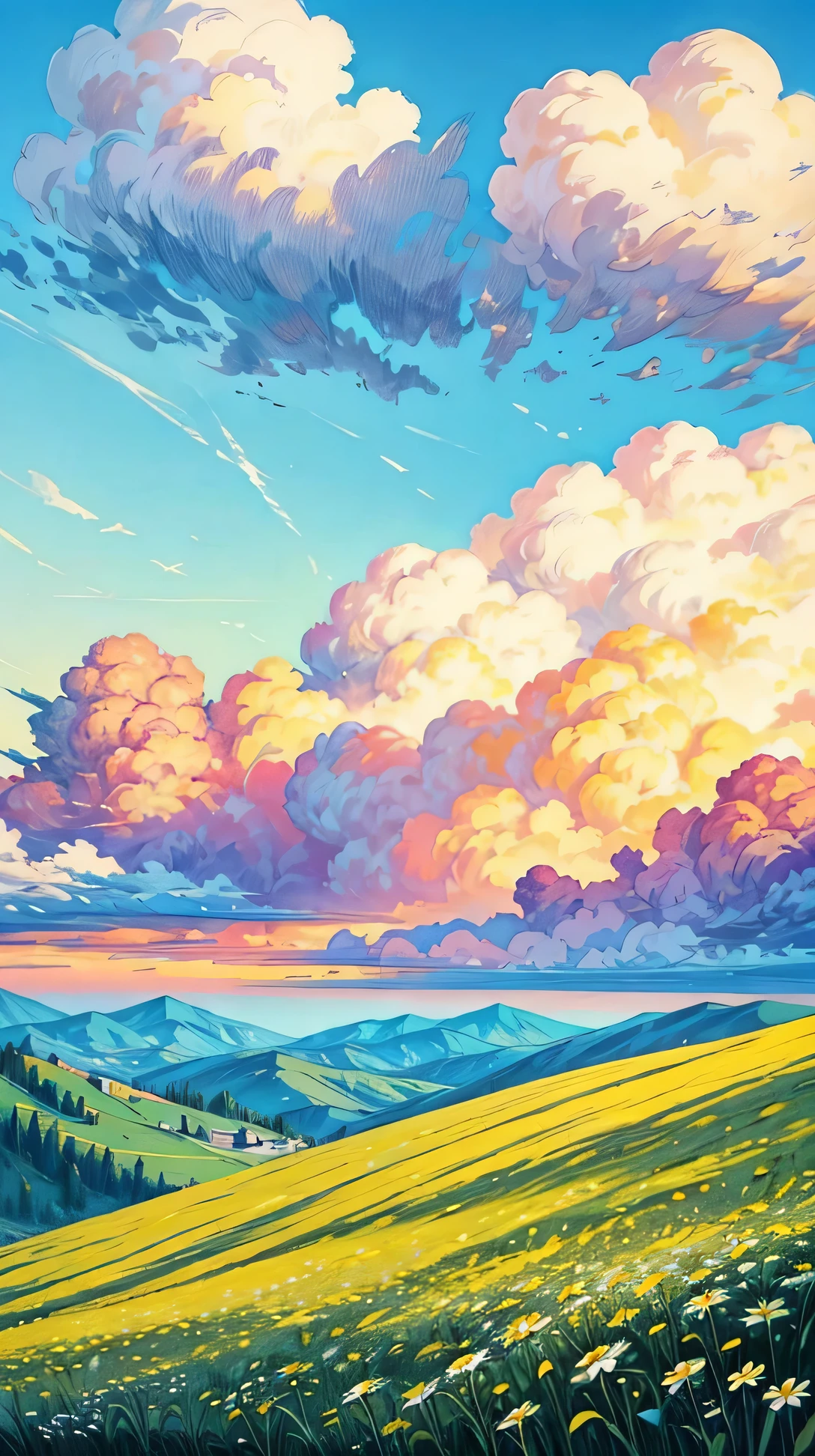 Create a book cover with a cinematic view of a green mountaintop and a blue sky full of clouds, bright blue sky, Fantastic and colorful world with magic and colorful nature and also make an adventurer on top of the mountain