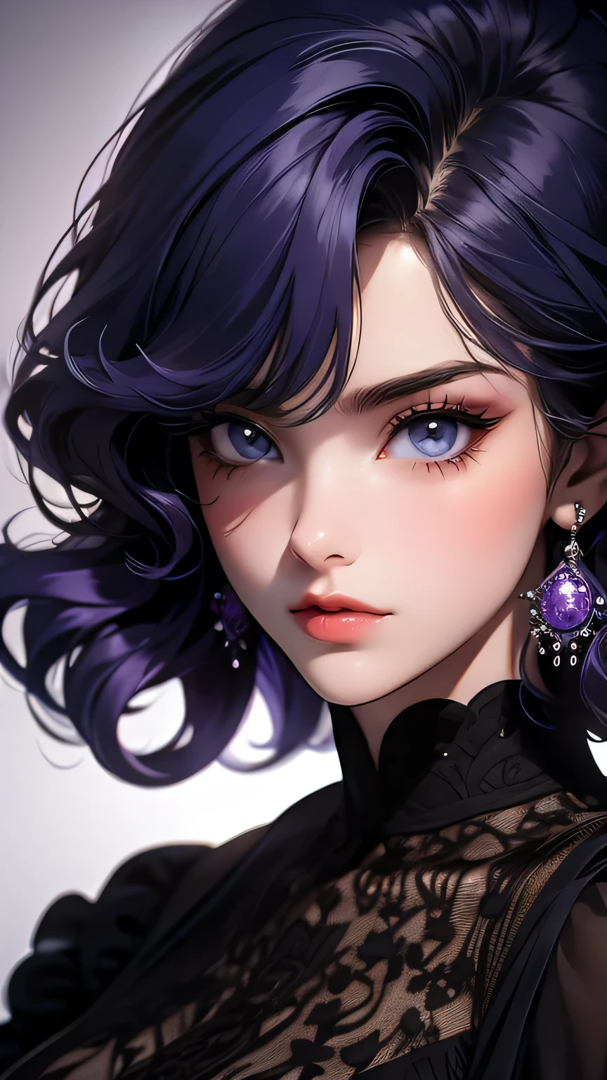 ((Masterpiece)), envision a 8k, highres, cinematic, extremely beautiful semi realistic close up portrait of a beautiful mature lady with a strong face, slender body, mean face, Frown, Angry, ((long curly blue purple hair)), blush, smile, flustered, side locks, long bangs, round face, long sweeping bangs, blue eyes, soft lips, lip gloss, thick eyebrows, round face, ((((1girl)))), in dark lighting, against a dark gray background