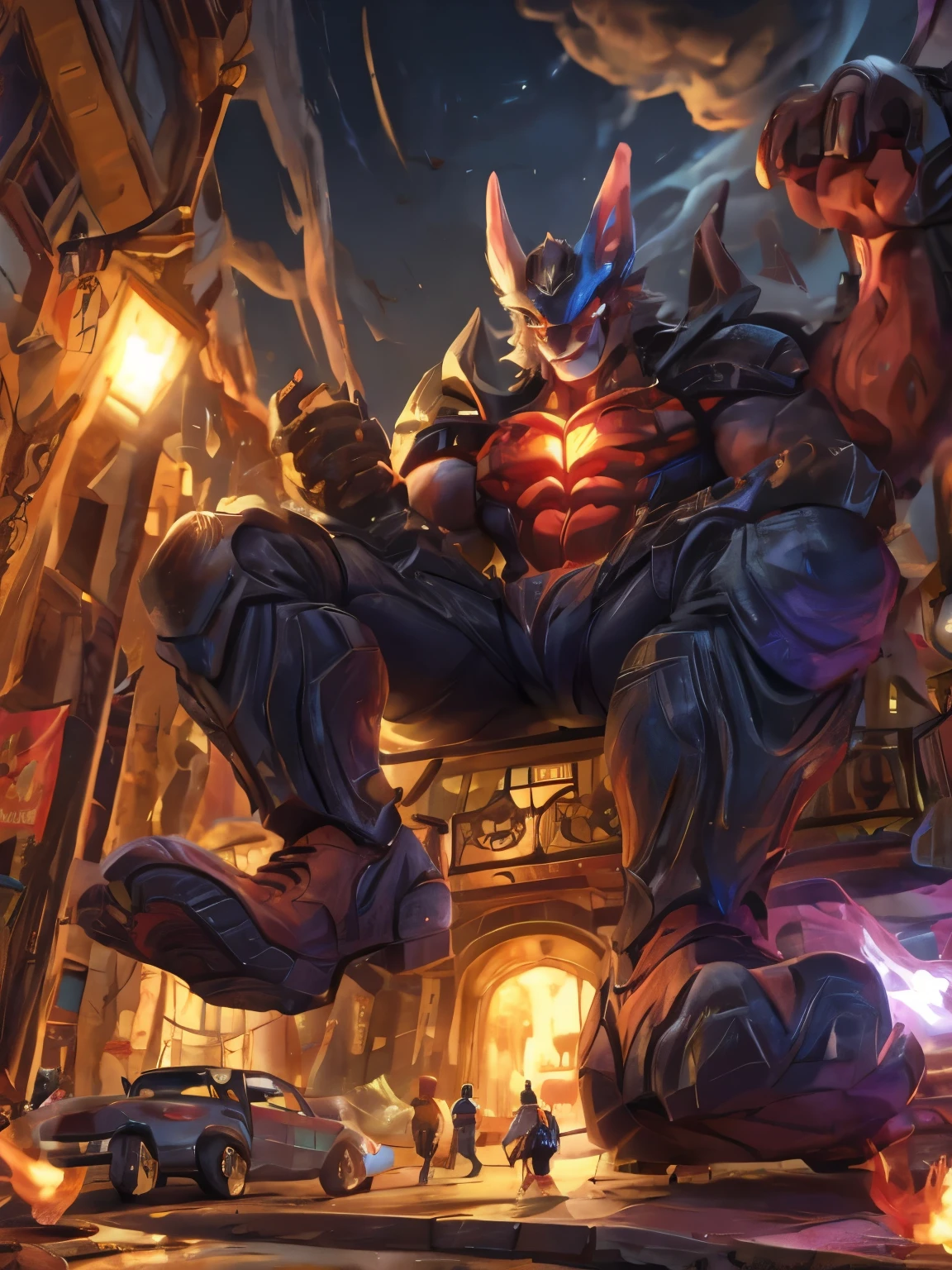 2d, masterpiece, best quality, 4k, 8k, ultra highres, raw photo in hdr, sharp focus, photo realism ,real life like, in a night city, detailed background, solo, (gloves, mask, skin tight), big pink, sweat, (by null-ghost, by thebigslick, by darkgem, by honovy), Dragon anthro, male focus, perfect purple eyes, full body, sfw, Whole Body, cape, Full View, Villain, Bad Guy, Evil, destroyed car, smirk, crazy, claws, fire,
