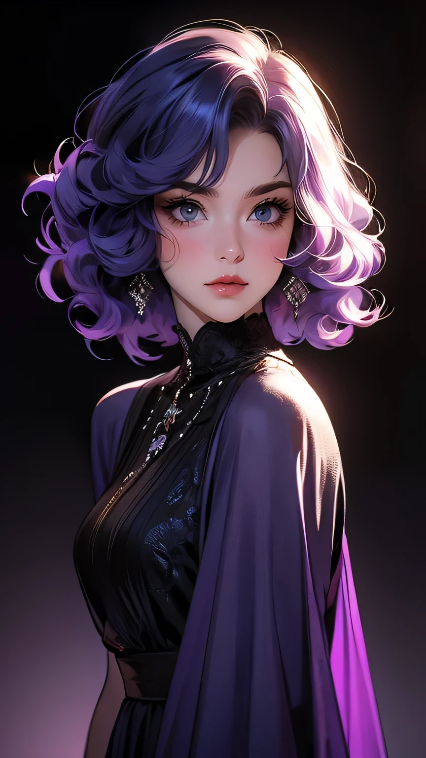 ((Masterpiece)), envision a 8k, highres, cinematic, extremely beautiful semi realistic full body pinup of a beautiful mature lady with a strong face, slender body, mean face, Frown, Angry, ((long curly blue purple hair)), blush, smile, flustered, side locks, long bangs, round face, long sweeping bangs, blue eyes, soft lips, lip gloss, thick eyebrows, round face, ((((1girl)))), in dark lighting, against a dark gray background