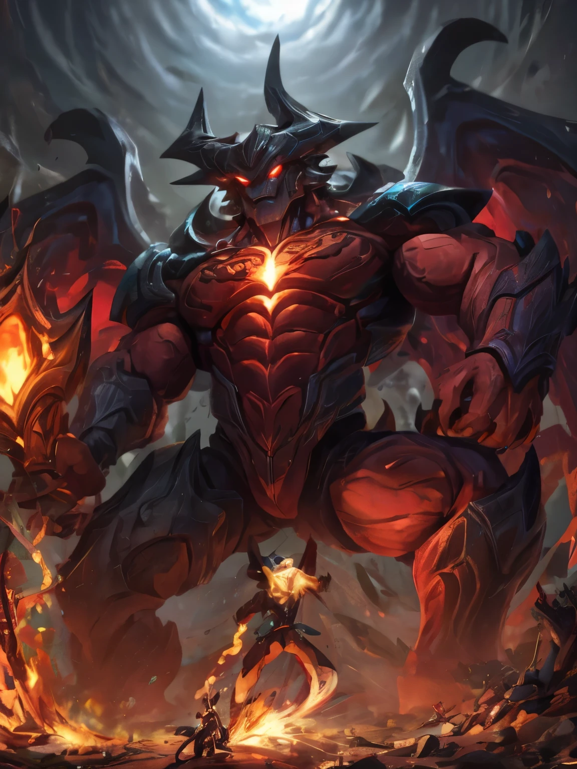odyssey rhaast, monster, demon, horns, no humans, male focus, armor, character from league of legends. A demonic being, with horns and red skin and black armor. macro