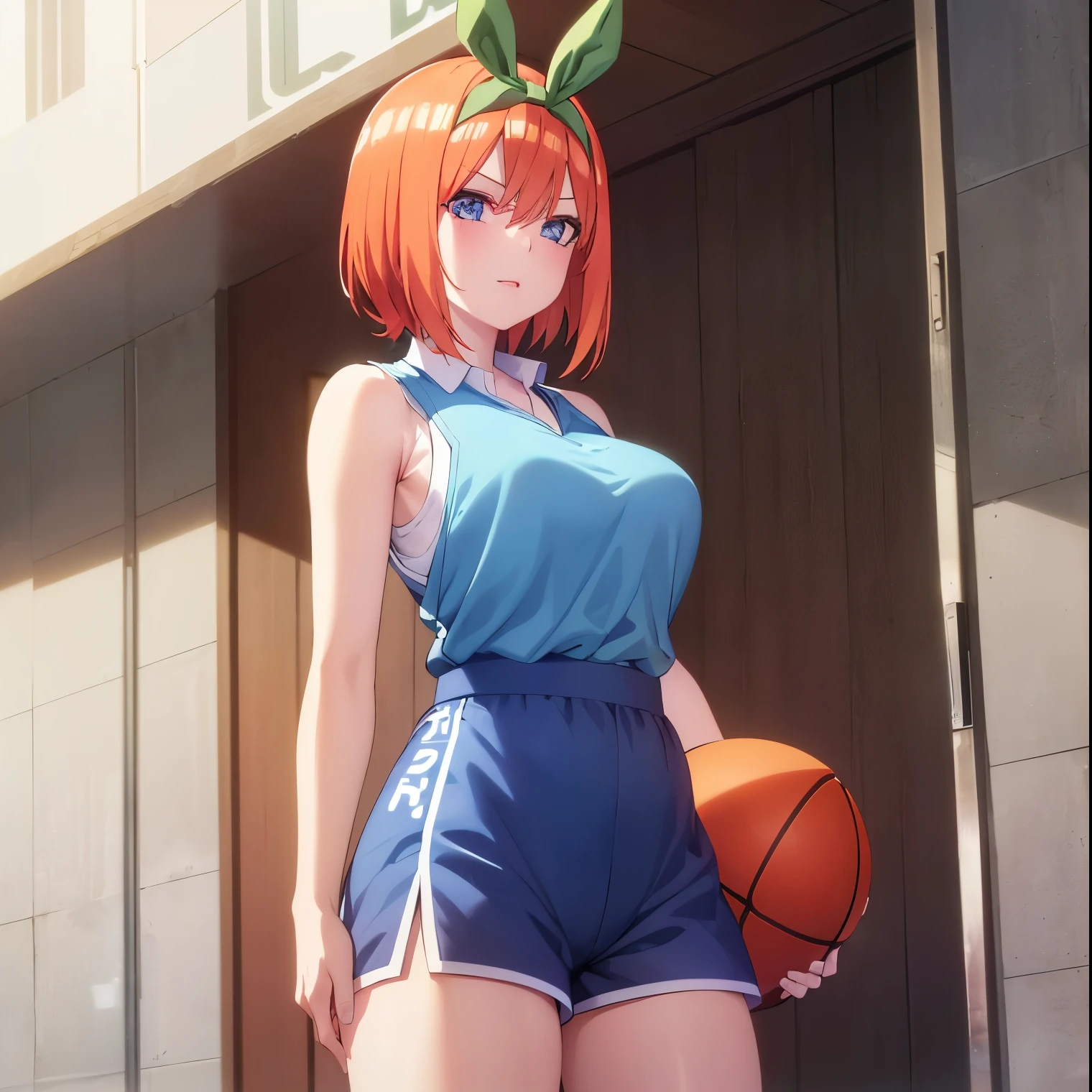 ((1girl)),((alone)), yotsuba nakano, \(gotoubun no hanayome\),(masterpiece), (best quality), (ultra detailed), (best illustration), (best shadow), (absurdities ), sharp focus, cowboy shot, atmospheric perspective, depth of field, dynamic posture, ((looking at viewer)), large breasts, narrow waist, wide hips, medium thighs, round butt, erotic, romantic, (highly detailed eyes, lips 1.1), highly detailed eyes, eyes, Highly detailed face, Very beautiful face, Symmetrical face, Aesthetic face, perfect face, perfect eyes, detailed eyelashes: 1.5), full height, beautiful figure thin, femininity, expressive appearance, elastic big breasts, sexuality, half-open lips, alone, bangs, short hair, blue eyes, hair between the eyes, hair ribbon, headband, orange hair, green ribbon, socks, blue basketball uniform:1.2,((blue shirt sleeveless straps:1.4)), bare arms, printed with number 428, ((blue sports shorts:1.3)),((white tennis shoes:1.2)), bare legs, sweat, green tape, curves, defined body, Body perfect and beautiful, perfect and beautiful, happy look, mouth closed, ((happy expression)), blushing, (sexy pose: 1.2), standing :1.3,((solo)),((, inside, basketball room, seats, lights, basketball ball, scoreboard)), Looking forward, ((focus on legs:1.4)), point of view: (from below), perfect anatomy, perfect hands