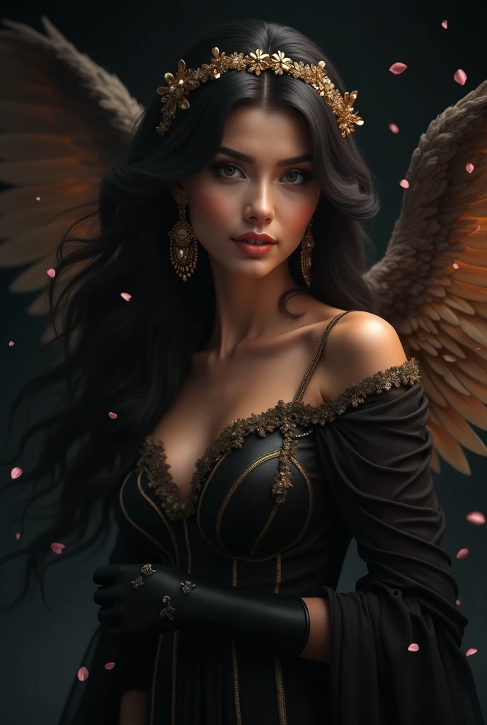 modelshoot style, (medium shot photo:1.2) of the most beautiful artwork in the world featuring a (gothic angel woman:1.2) infront of a gorgeous glowing forest full of fireflies flying around, large detailed wings, dark religion, 35mm lens, f/1.8, 8K, clear facial features, (cinematic action scene:1.2), accent lighting, global illuminatio, trending on ArtStation, trending on CGSociety, Intricate, High Detail, Sharp focus, (dramatic:1.1), photorealistic painting art by midjourney and greg rutkowski