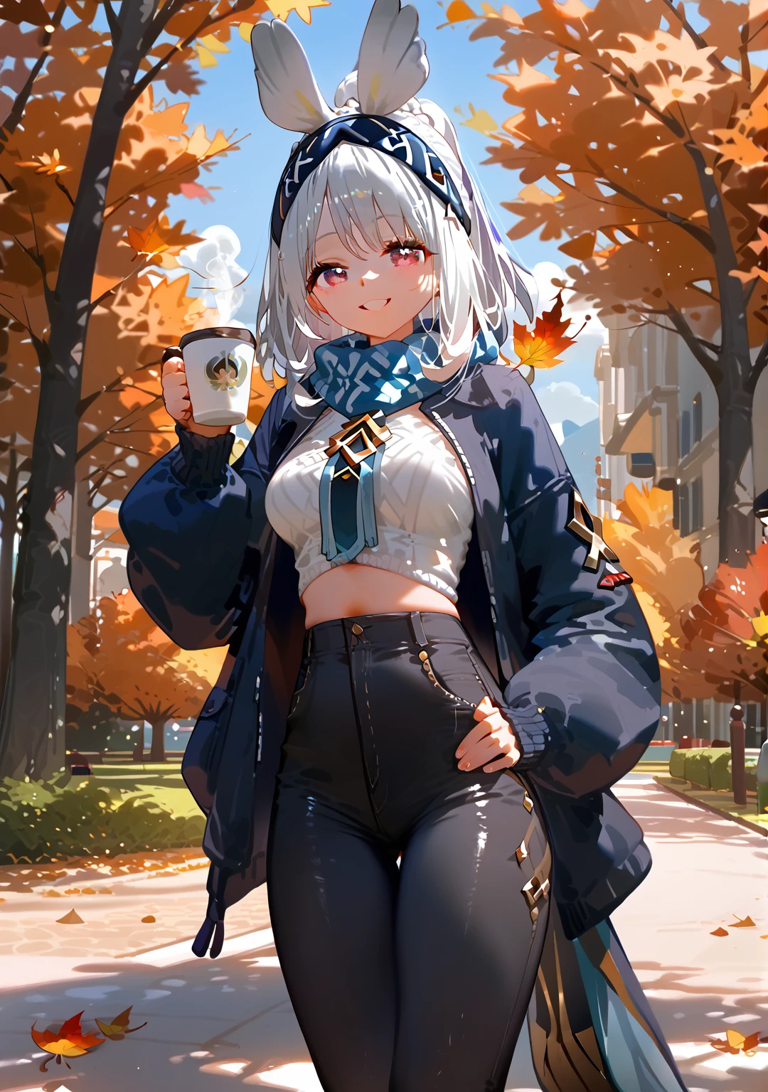 Highest quality, Highest quality, High quality illustrations, masterpiece, Ultra-high resolution, Detailed Background, Absurd, Perfect Anatomy, performance, Good lighting, Shadows in the movies, 1 girl, solo, mualani_\(genshin_impact\), alternate costume, medium breasts, standing in a park, fall season, beautiful autumn leaves, standing, scarf, open jacket, denim pants, black pants, torn pants, admiring the trees holding a coffee, happy, bewitching thighs, gleaming, shiny, shiny skin, shiny outfit, two beautiful legs