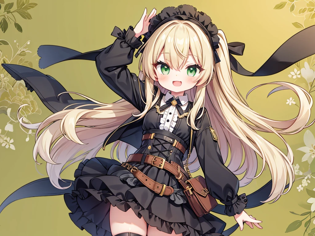 masterpiece, Medieval gardens black rose Upper body girl skirt Thighhighs , clear blonde ((((((hair over one eye)))))), Braid Styles, spiked hair, blunt bangs, bob hair, a braid, Ahoge red eyes looking at the viewer, ((smile)), ((from above)), from side, open mouth, dynamic pose