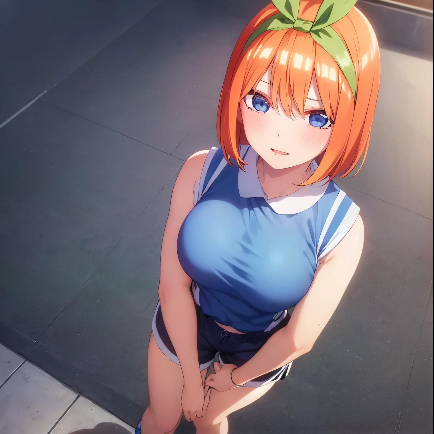 ((1girl)),((alone)), yotsuba nakano, \(gotoubun no hanayome\),(masterpiece), (best quality), (ultra detailed), (best illustration), (best shadow), (absurdities ), sharp focus, cowboy shot, atmospheric perspective, depth of field, dynamic posture, ((looking at viewer)), large breasts, narrow waist, wide hips, medium thighs, round butt, erotic, romantic, (highly detailed eyes, lips 1.1), highly detailed eyes, eyes, Highly detailed face, Very beautiful face, Symmetrical face, Aesthetic face, perfect face, perfect eyes, detailed eyelashes: 1.5), full height, beautiful figure thin, femininity, expressive appearance, elastic big breasts, sexuality, half-open lips, alone, bangs, short hair, blue eyes, hair between the eyes, hair ribbon, headband, orange hair, green ribbon, socks, blue basketball uniform:1.2,((blue shirt sleeveless straps:1.4)), bare arms, printed with number 428, ((blue sports shorts:1.3)),((white tennis shoes:1.2)), bare legs, sweat, green tape, curves, defined body, Body perfect and beautiful, perfect and beautiful, happy look, mouth closed, ((happy expression)), blushing, (sexy pose: 1.2), standing :1.3,((alone)),((, inside, basketball room, seats, lights, basketball net, scoreboard)), Looking forward, ((focus on breasts:1.4)), point of view: (from above), perfect anatomy, perfect hands