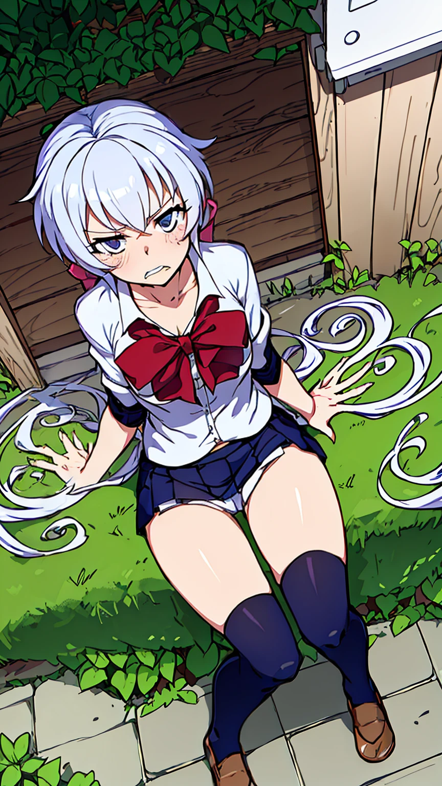 A woman in a short skirt is sitting on a bed, Twin tail hair, Self-destructive art, Silver-haired madman, in the garden, Cute school girl, High resolution!!, Stay calm, k High resolution,