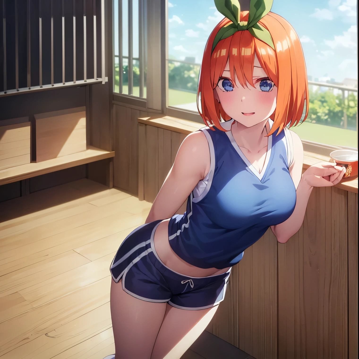 ((1girl)),((alone)), yotsuba nakano, \(gotoubun no hanayome\),(masterpiece), (best quality), (ultra detailed), (best illustration), (best shadow), (absurdities ), sharp focus, cowboy shot, atmospheric perspective, depth of field, dynamic posture, ((looking at viewer)), large breasts, narrow waist, wide hips, medium thighs, round butt, erotic, romantic, (highly detailed eyes, lips 1.1), highly detailed eyes, eyes, Highly detailed face, Very beautiful face, Symmetrical face, Aesthetic face, perfect face, perfect eyes, detailed eyelashes: 1.5), full height, beautiful figure thin, femininity, expressive appearance, elastic big breasts, sexuality, half-open lips, alone, bangs, short hair, blue eyes, hair between the eyes, hair ribbon, headband, orange hair, green ribbon, socks, blue basketball uniform:1.2,((blue shirt sleeveless straps:1.4)), bare arms, printed with number 428, ((blue sports shorts:1.3)),((white tennis shoes:1.2)), bare legs, sweat, green tape, curves, defined body, Body perfect and beautiful, perfect and beautiful, happy look, mouth closed, ((happy expression)), blushing, (sexy pose: 1.2), standing :1.3,((alone)),((, inside, basketball room, seats, lights, basketball net, scoreboard)), Looking forward, ((focus on breasts:1.4)), point of view: (from above), perfect anatomy, perfect hands