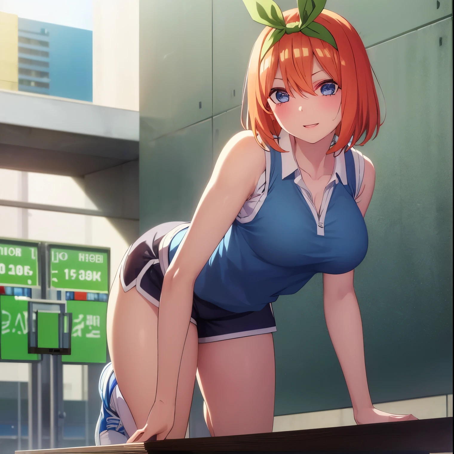 ((1girl)),((alone)), yotsuba nakano, \(gotoubun no hanayome\),(masterpiece), (best quality), (ultra detailed), (best illustration), (best shadow), (absurdities ), sharp focus, cowboy shot, atmospheric perspective, depth of field, dynamic posture, ((looking at viewer)), large breasts, narrow waist, wide hips, medium thighs, round butt, erotic, romantic, (highly detailed eyes, lips 1.1), highly detailed eyes, eyes, Highly detailed face, Very beautiful face, Symmetrical face, Aesthetic face, perfect face, perfect eyes, detailed eyelashes: 1.5), full height, beautiful figure thin, femininity, expressive appearance, elastic big breasts, sexuality, half-open lips, solo, bangs, short hair, blue eyes, hair between the eyes, hair ribbon, headband, orange hair, green ribbon, socks, blue basketball uniform:1.2,((blue shirt sleeveless straps:1.4)), bare arms, printed with number 428, ((blue sports shorts:1.3)),((white tennis shoes:1.2)), bare legs, sweat, green tape, curves, defined body, Body perfect and beautiful, perfect and beautiful, happy look, mouth closed, ((happy expression)), blushing, (sexy pose: 1.2), standing :1.3,((solo)),((, inside, basketball room, seats, lights, basketball ball, scoreboard)), Looking forward, ((focus on hips:1.4)), point of view: (from Enmedio), perfect anatomy, perfect hands