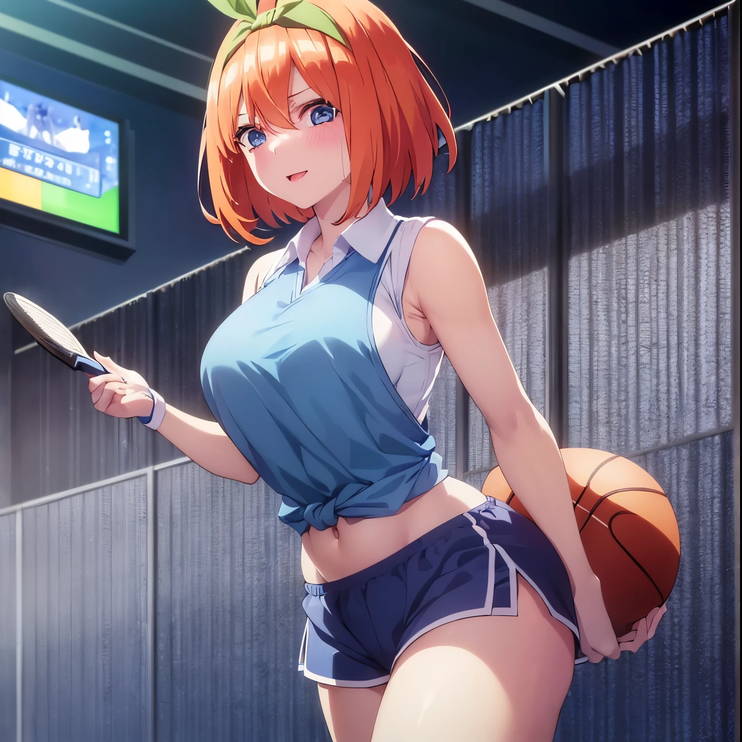 ((1girl)),((alone)), yotsuba nakano, \(gotoubun no hanayome\),(masterpiece), (best quality), (ultra detailed), (best illustration), (best shadow), (absurdities ), sharp focus, cowboy shot, atmospheric perspective, depth of field, dynamic posture, ((looking at viewer)), large breasts, narrow waist, wide hips, medium thighs, round butt, erotic, romantic, (highly detailed eyes, lips 1.1), highly detailed eyes, eyes, Highly detailed face, Very beautiful face, Symmetrical face, Aesthetic face, perfect face, perfect eyes, detailed eyelashes: 1.5), full height, beautiful figure thin, femininity, expressive appearance, elastic big breasts, sexuality, half-open lips, solo, bangs, short hair, blue eyes, hair between the eyes, hair ribbon, headband, orange hair, green ribbon, socks, blue basketball uniform:1.2,((blue shirt sleeveless straps:1.4)), bare arms, printed with number 428, ((blue sports shorts:1.3)),((white tennis shoes:1.2)), bare legs, sweat, green tape, curves, defined body, Body perfect and beautiful, perfect and beautiful, happy look, mouth closed, ((happy expression)), blushing, (sexy pose: 1.2), standing :1.3,((solo)),((, inside, basketball room, seats, lights, basketball ball, scoreboard)), Looking forward, ((focus on hips:1.4)), point of view: (from Enmedio), perfect anatomy, perfect hands