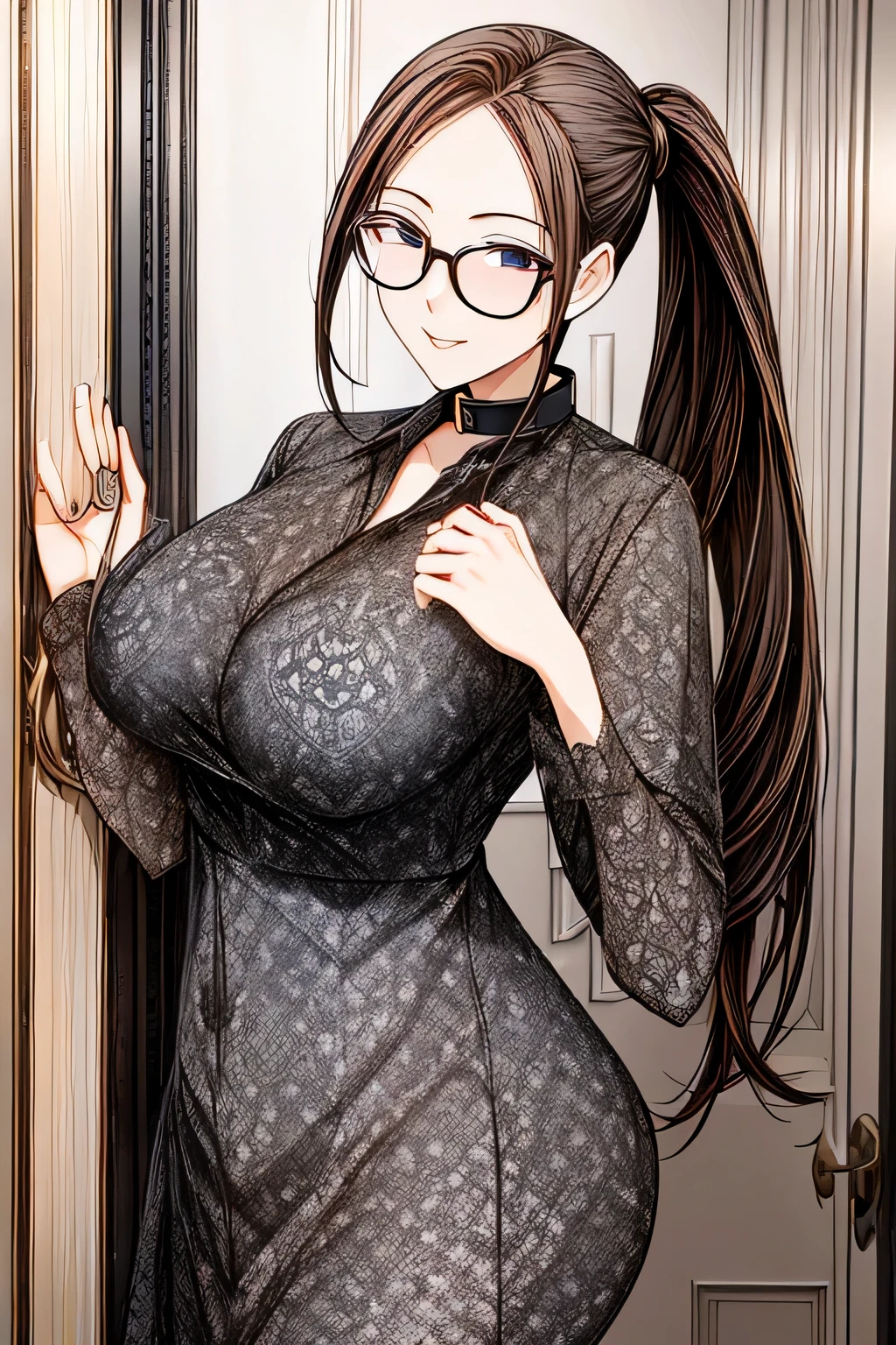 (masterpiece, best quality:1.2), detailed face, detailed eyes, elegant woman, long hair, high heeled, shiny skin, welcomes you at the door, dress shirt, pants, random collar, ponytail hair, cool attitude, cool glasses, exciting, cool, (perfect hands:1)