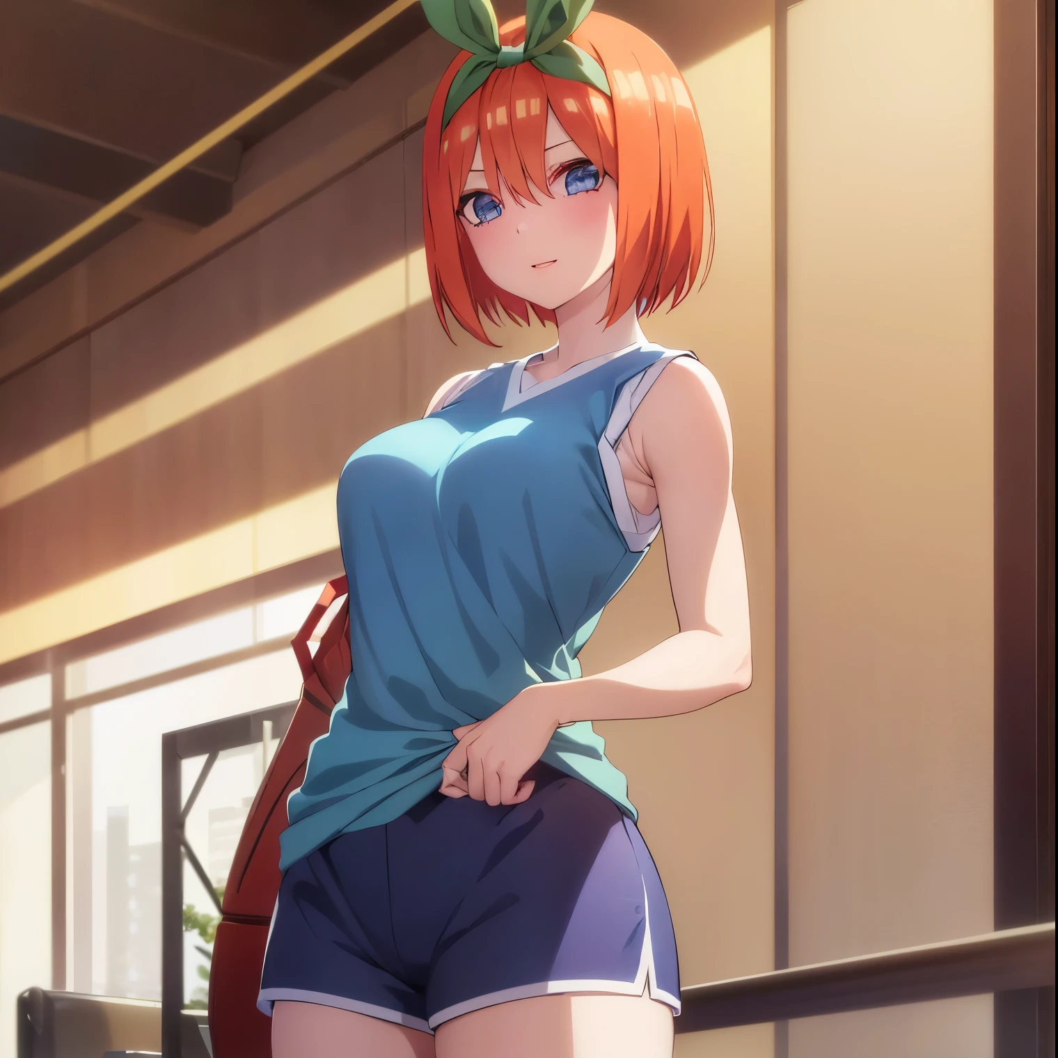 ((1girl)),((alone)), yotsuba nakano, \(gotoubun no hanayome\),(masterpiece), (best quality), (ultra detailed), (best illustration), (best shadow), (absurdities ), sharp focus, cowboy shot, atmospheric perspective, depth of field, dynamic posture, ((looking at viewer)), large breasts, narrow waist, wide hips, medium thighs, round butt, erotic, romantic, (highly detailed eyes, lips 1.1), highly detailed eyes, eyes, Highly detailed face, Very beautiful face, Symmetrical face, Aesthetic face, perfect face, perfect eyes, detailed eyelashes: 1.5), full height, beautiful figure thin, femininity, expressive appearance, elastic big breasts, sexuality, half-open lips, solo, bangs, short hair, blue eyes, hair between the eyes, hair ribbon, headband, orange hair, green ribbon, socks, blue basketball uniform:1.2,((blue shirt sleeveless straps:1.4)), bare arms, printed with number 428, ((blue sports shorts:1.3)),((white tennis shoes:1.2)), bare legs, sweat, green tape, curves, defined body, Body perfect and beautiful, perfect and beautiful, happy look, mouth closed, ((happy expression)), blushing, (sexy pose: 1.2), standing :1.3,((solo)),((, inside, basketball room, seats, lights, basketball ball, scoreboard)), Looking forward, ((focus on hips:1.4)), point of view: (from Enmedio), perfect anatomy, perfect hands