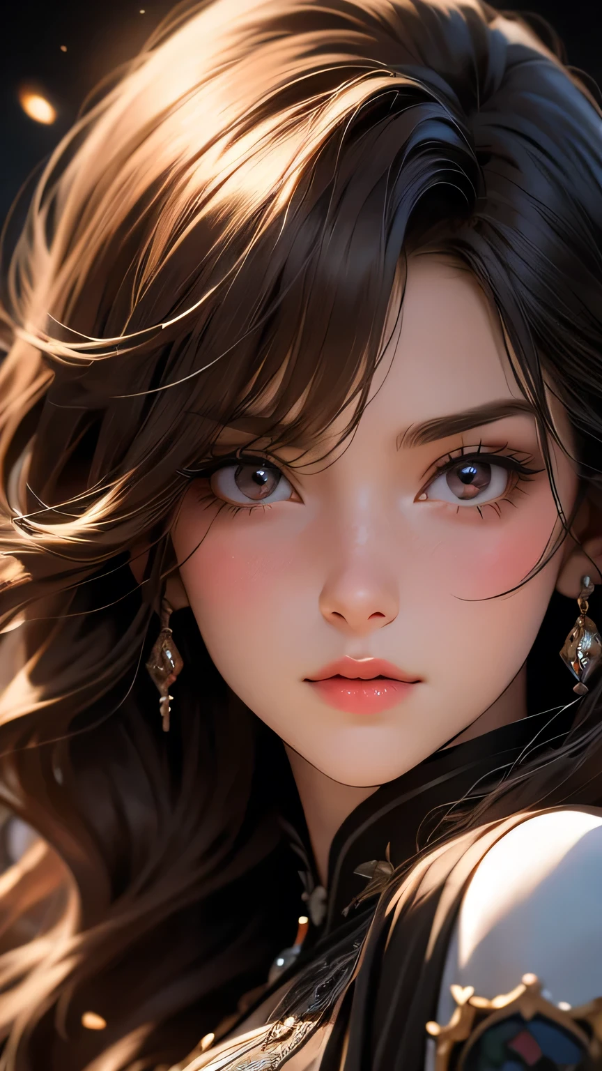 ((Masterpiece)), envision a 8k, highres, cinematic, extremely beautiful semi realistic close up portrait of a beautiful mature lady with a strong face,  slender body, mean face, Frown, Angry, ((long brown hair)), blush, smile, flustered, side locks, long bangs, round face, long sweeping bangs, red eyes, soft lips, lip gloss, thick eyebrows, round face, ((((1girl)))), in dark lighting, against a dark gray background