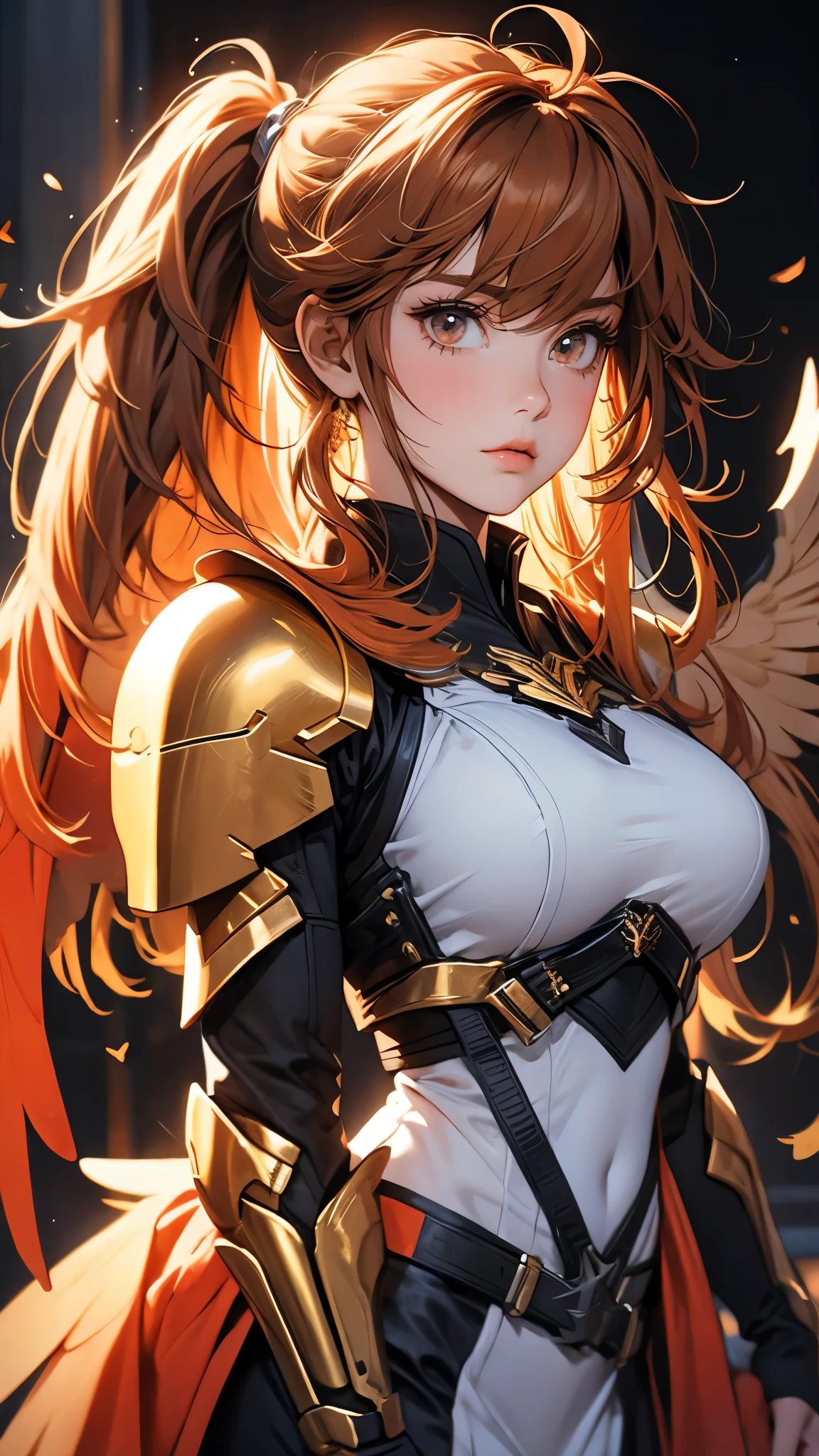 ((Masterpiece)), envision a 8k, highres, cinematic, extremely beautiful semi realistic close up portrait of a beautiful mature warrior woman with a mature face, slender muscular body, ((big breasts)), strong face, ((long golden brown hair)), side locks, choppy bangs, round face, long sweeping bangs, (orange eyes), soft lips, lip gloss, thick eyebrows, round face, (Half Bird) (((ahoge))), golden hair clip, small twintails, Winged Armor, Military uniform, Military armor, noble high fantasy armor, ((large brown wings)), ((((1girl)))), in dark lighting, against a dark gray background