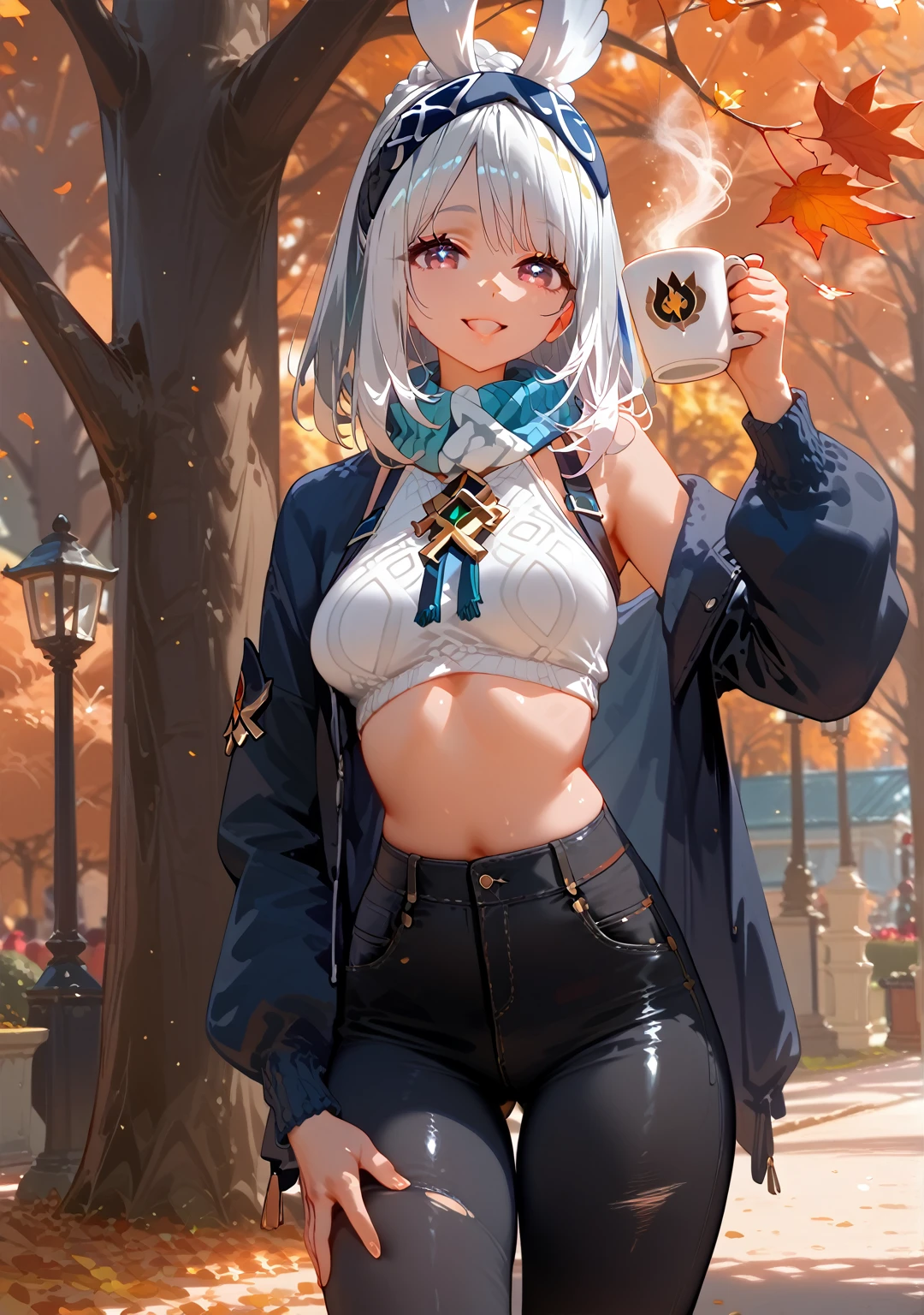 Highest quality, Highest quality, High quality illustrations, masterpiece, Ultra-high resolution, Detailed Background, Absurd, Perfect Anatomy, performance, Good lighting, Shadows in the movies, 1 girl, solo, mualani_\(genshin_impact\), alternate costume, medium breasts, standing in a park, fall season, beautiful autumn leaves, standing, scarf, open jacket, denim pants, black pants, torn pants, admiring the trees holding a coffee, happy, bewitching thighs, gleaming, shiny, shiny skin, shiny outfit, two beautiful legs