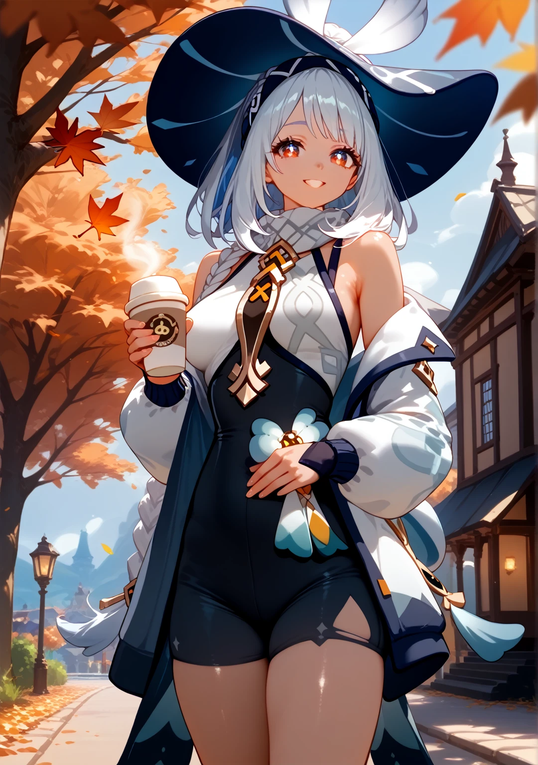 Highest quality, Highest quality, High quality illustrations, masterpiece, Ultra-high resolution, Detailed Background, Absurd, Perfect Anatomy, performance, Good lighting, Shadows in the movies, 1 girl, solo, mualani_\(genshin_impact\), alternate costume, medium breasts, standing in a park, fall season, beautiful autumn leaves, standing, scarf, open jacket, denim pants, black pants, torn pants, admiring the trees holding a coffee, happy, bewitching thighs, gleaming, shiny skin, shiny, two beautiful legs