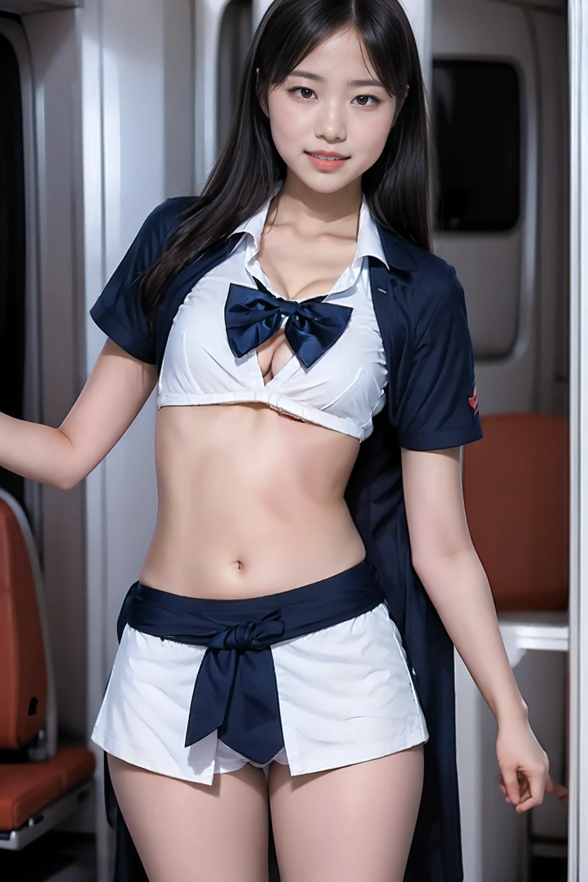 (high quality, high quality, masterpiece), (realistic), (head to thigh), (overall brightness), (sharp), Standing in the aisle of an airplane, one woman, flight attendant, bow tie, white short sleeve shirt, bare belly button, panties, high socks