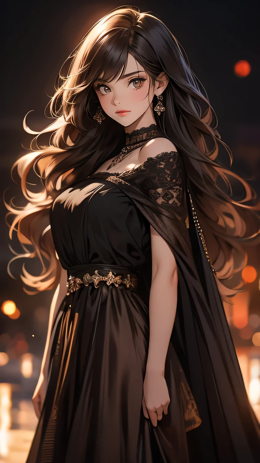 ((Masterpiece)), envision a 8k, highres, cinematic, extremely beautiful semi realistic full body pinup of a beautiful mature lady with a strong face, slender body, mean face, Frown, Angry, ((long brown hair)), blush, smile, flustered, side locks, long bangs, round face, long sweeping bangs, red eyes, soft lips, lip gloss, thick eyebrows, round face, ((((1girl)))), in dark lighting, against a dark gray background