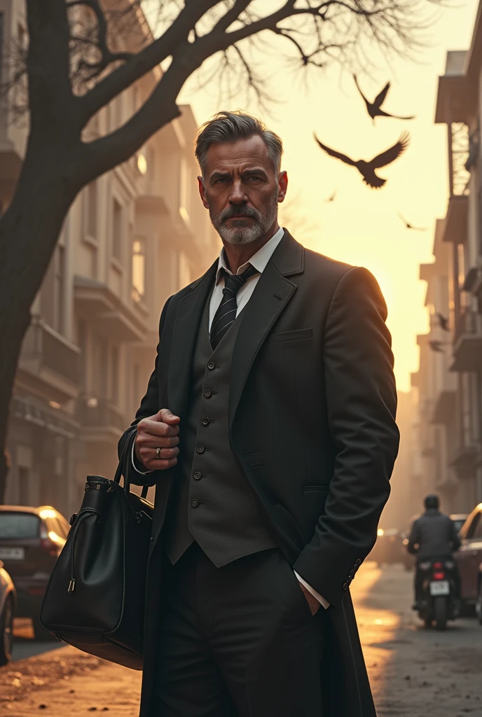 tmasterpiece, PremiumQuality, super detailing, 1 male in his 40s, malefocus, Handsome, residential district, zaun, Spindle tree, afternoon sunlight, Outside, Bitchsuit, carryng bag, , From the side Side, depth of fields