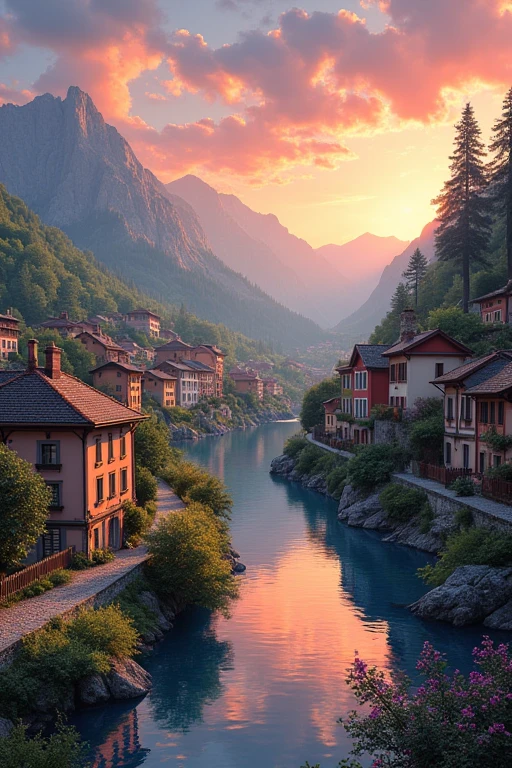 a all village by the river, mountains in the background, floral flowers colorful, detailed landscape, Beautiful natural landscapes, atmospheric lighting, scorching sunset, warm colours, practical, photopractical, Detailed Foliage, complex buildings, cobblestone street, Charming country house, swirly vibrant colors, lush vegetation, Still water reflections, Picturesque, idyllic, work of art, best qualityer, 8k, extremely detaild,anime styling