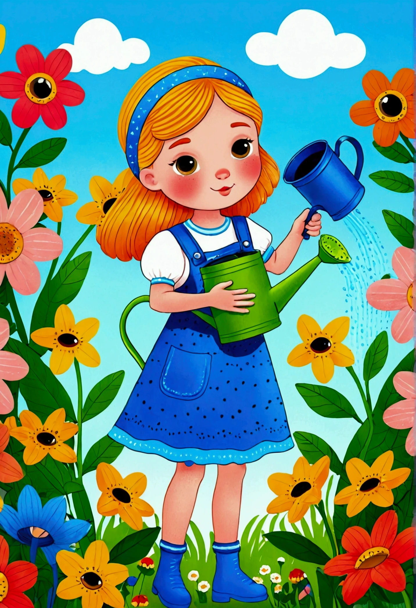 Cartoon girl watering flowers with a watering can, Colorfull illustration, Color illustrations, Colorful book illustration, Full color illustrations, coronation of Flower Prince, Coloring Pages, Drawn in a whimsical style, Color illustrations, Coloring Pages, Flower Prince, Coloring book pages, Official illustrations, Full Color Illustration, illustration, Full-color digital illustrations, Cute fairy tale illustration