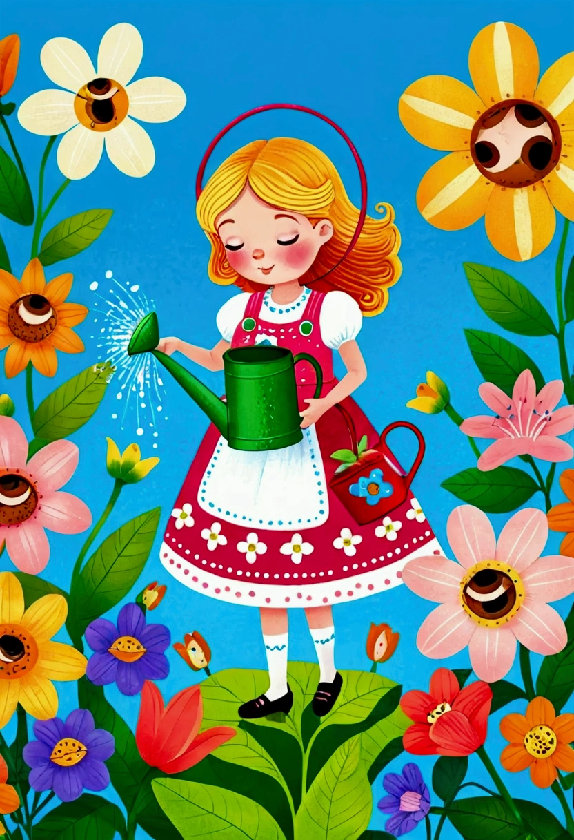 Cartoon girl watering flowers with a watering can, Colorfull illustration, Color illustrations, Colorful book illustration, Full color illustrations, coronation of Flower Prince, Coloring Pages, Drawn in a whimsical style, Color illustrations, Coloring Pages, Flower Prince, Coloring book pages, Official illustrations, Full Color Illustration, illustration, Full-color digital illustrations, Cute fairy tale illustration