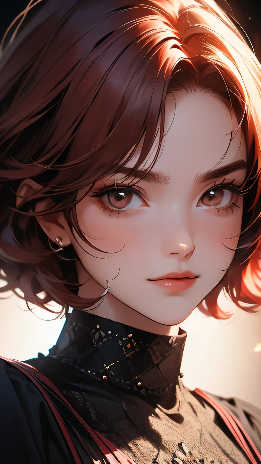 ((Masterpiece)), envision a 8k, highres, cinematic, extremely beautiful semi realistic close up portrait of a beautiful mature lady with a soft face, slender body, mean face, Frown, Angry, ((short red hair)), blush, smile, flustered, side locks, long bangs, round face, long sweeping bangs, red eyes, soft lips, lip gloss, thick eyebrows, round face, ((((1girl)))), in dark lighting, against a dark gray background