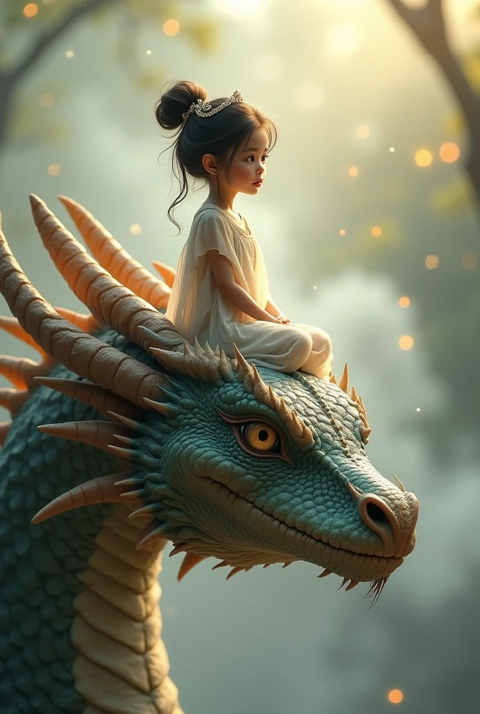 A highly detailed, photorealistic depiction of a serene girl with intricate hairstyle and gentle facial expression, sitting on a majestic dragon with scales glistening in warm sitting the dragon's head, golden light, amidst a subtle misty atmosphere.