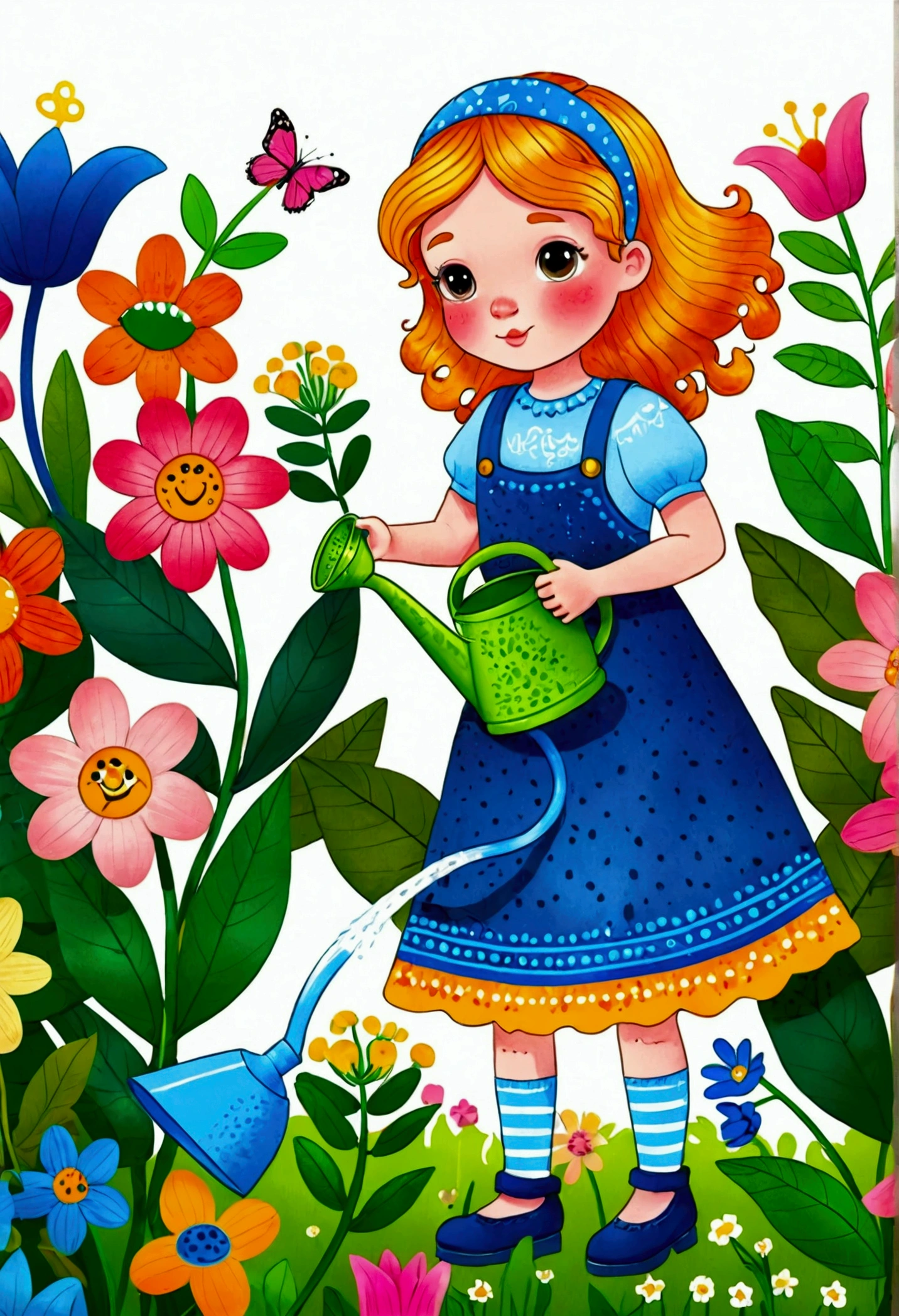 Cartoon girl watering flowers with a watering can, Colorfull illustration, Color illustrations, Colorful book illustration, Full color illustrations, coronation of Flower Prince, Coloring Pages, Drawn in a whimsical style, Color illustrations, Coloring Pages, Flower Prince, Coloring book pages, Official illustrations, Full Color Illustration, illustration, Full-color digital illustrations, Cute fairy tale illustration