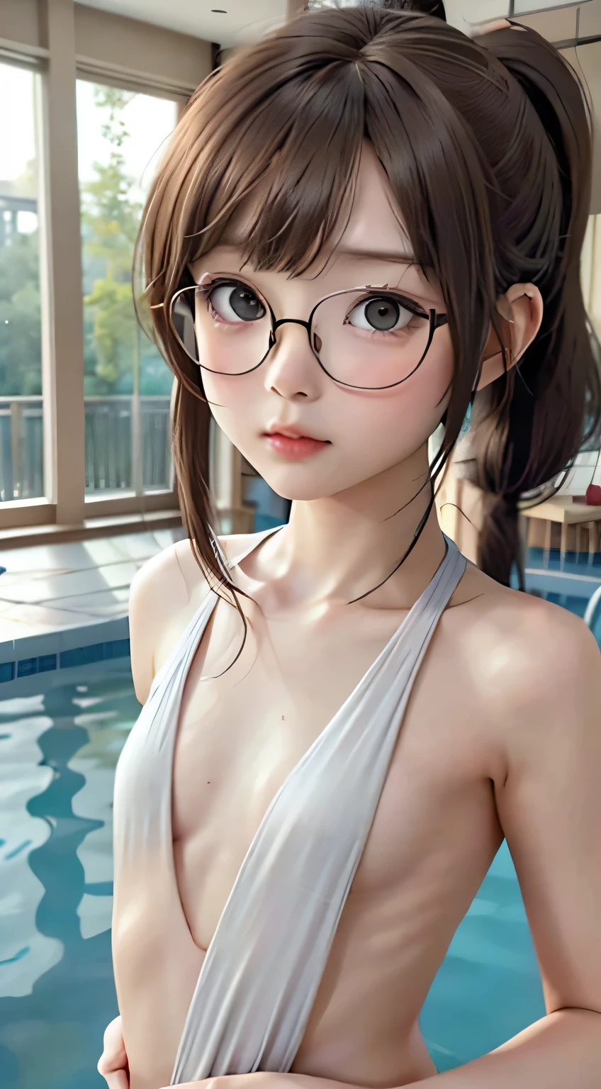 Best Quality, RAW Photos, Realistic, face, Incredibly beautiful girl, cute, length Hair,ponytail，Glasses，Written boundary depth, High resolution, Super detailed, detailed, Very detaileded, extremely detaileded eye and face, Sharp pupils, Realistic students, Sharp focus, Cinema Lighting, Japanese, Short Woman,  Physical build, Short arms, length, Narrow eyes, A fleeting atmosphere, Age 30, Brown bob hair, ((thin lips)), White underwear, masterpiece, Best Quality, detailed skin, Detailed face, fine grain, 8k, Excellent anatomy, Upper body portrait，flat breasts, small breasts, small,( small bust: 1.2), small bust, (slim, small, flat, small), thin, Delicate and sexy collarbone, One Girl, (beautiful girl, Delicate girl:1.3), (:1.3),
break, (One Piece Swimwear, Swimwear:1.2),
break, (Pool:1.3),
break, Very beautiful eyes, (Symmetrical eyes:1.3),
break, Small chest, Brown eyes, Parted bangs, Brown Hair, (Upper teeth, The best smile:0.2),
break, (Eyes and face detail:1.0),
break, (masterpiece, Best Quality, Super detailed, Detailed face, 8k)