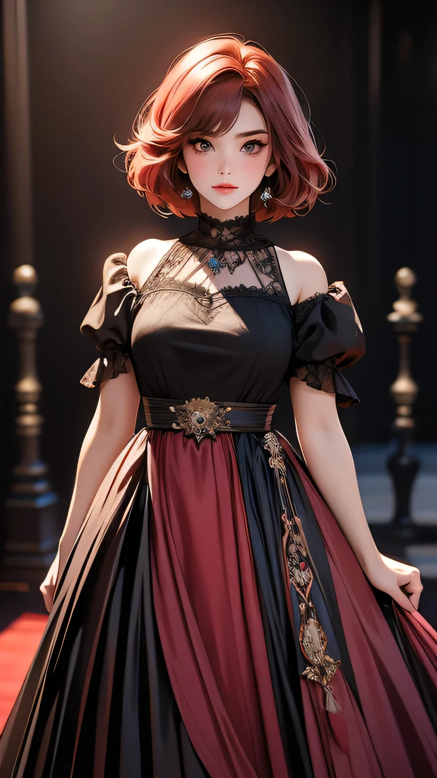 ((Masterpiece)), envision a 8k, highres, cinematic, extremely beautiful semi realistic full body pinup of a beautiful mature lady with a soft face, slender body, mean face, Frown, Angry, ((short red hair)), blush, smile, flustered, side locks, long bangs, round face, long sweeping bangs, red eyes, soft lips, lip gloss, thick eyebrows, round face, ((((1girl)))), in dark lighting, against a dark gray background